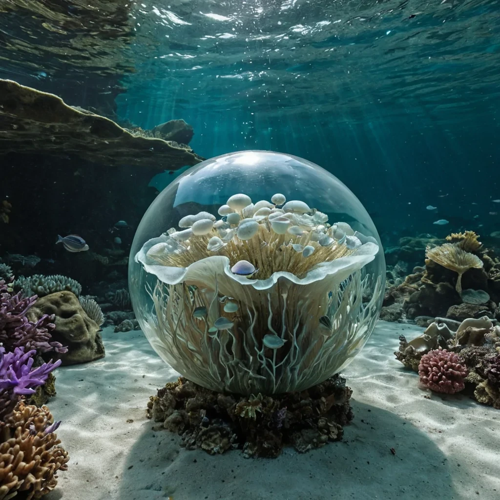 A vertical, eyelevel medium shot of a serene, underwater sanctuary built inside the hollowedout shell of a colossal, translucent abalone, where the interior walls shimmer with shifting bands of iridescent green, blue, and purple nacre. The space is filled with calm, crystalclear water that gently ripples around floating, spherical lamps made of frosted glass and glowing kelp. In the center, a circular table crafted from smooth, white coral holds a delicate arrangement of fresh, terrestrial flowers preserved in a bubble of air, creating a surreal contrast between land and sea. A figure with skin resembling polished, pearlescent shell and wearing a flowing gown of woven seagrass and silk drifts weightlessly in the foreground, their hand extended