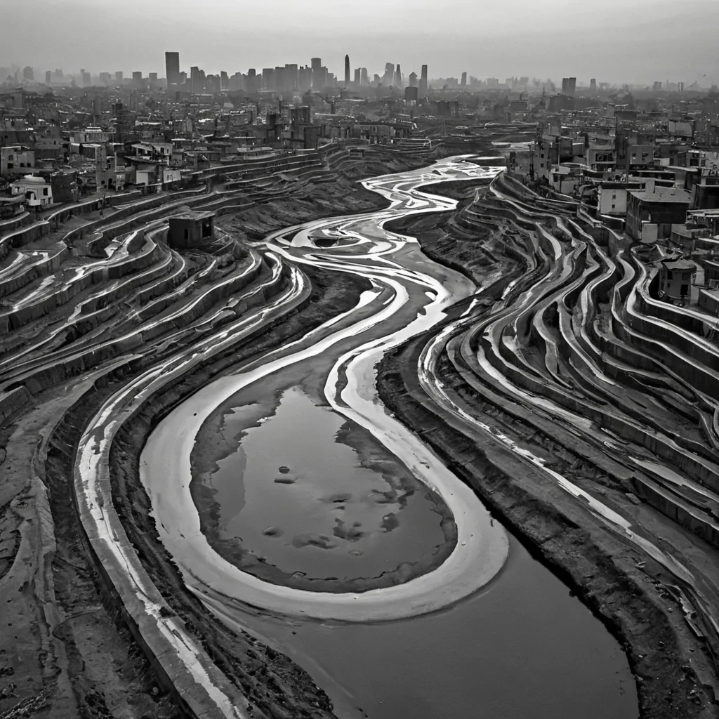 A single, selfrewinding river of solidified memory, shaped like a 43dimensional helix of inverted nostalgia and unformed recollection, flows backward through the center of a vast, inverted cityscape built from the petrified moments of a civilization that measured identity through the duration of synchronized, silent breaths held just before the first name was ever whispered. The river does not erodeit unremembers, each ripple dissolving a layer of experiential potential that never coalesced into a shared past, reforming into ephemeral, topazthreaded afterimages shaped like the negative space between two lips that never parted in the same moment of mutual confession. The city is not urbanit is a stratified expanse