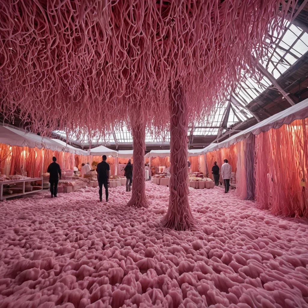 A wideangle, eyelevel shot of a sprawling, organic marketplace suspended in a void of soft, diffuse pink haze, where the stalls are grown from large, fleshy, translucent coral structures rather than wood or metal. The floor is a continuous, undulating sheet of soft, matte white foam that absorbs sound and light, creating a sense of silence and cushioning. Vendors, depicted as elegant, tall figures made of woven, iridescent silk threads, serve goods that are not physical objects but floating, dense clusters of colored static and humming geometric shapes. The lighting is ambient and sourceless, emanating from the materials themselves, with deep, velvety shadows pooling in the crevices of the coral. The atmosphere