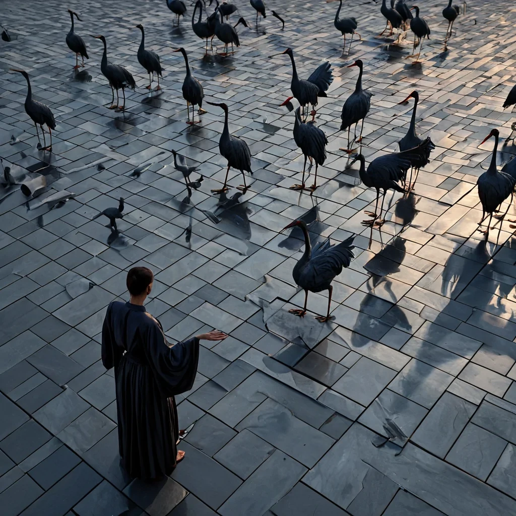 A hyperrealistic, lowangle closeup of a vast, silent plaza paved with smooth, matteblack basalt tiles that reflect the deep indigo sky like a still mirror. Floating above the ground are thousands of delicate, origamilike cranes crafted from thin sheets of oxidized copper, each folded with geometric precision and hovering in a complex, synchronized formation. The cranes emit a soft, warm amber glow from within their folds, casting intricate, shifting shadows on the reflective floor. In the immediate foreground, a figure wearing a flowing, highcollared robe of sheer, pearlescent fabric stands with eyes closed, their hand outstretched as if conducting the silent dance of the metallic birds. The air is filled with tiny, drifting