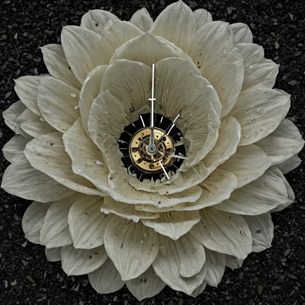 A single, selfsustaining bloom of reversed time, shaped like a 1,000,000,000,000dimensional corolla of unformed chronology and inverted duration, unfurls at the center of a vast, inverted clockwork garden of solidified stasis  each gear carved from the exact moment between a hand turning a key and its refusal to advance, a pendulum swinging and dissolving into noncyclical suspension, a heartbeat syncing with a metronome and collapsing into pure, unmeasured nonprogression. The bloom does not measure time  it unmeasures it, each petal shedding a layer of temporal potential that never coalesced into linear flow, reforming