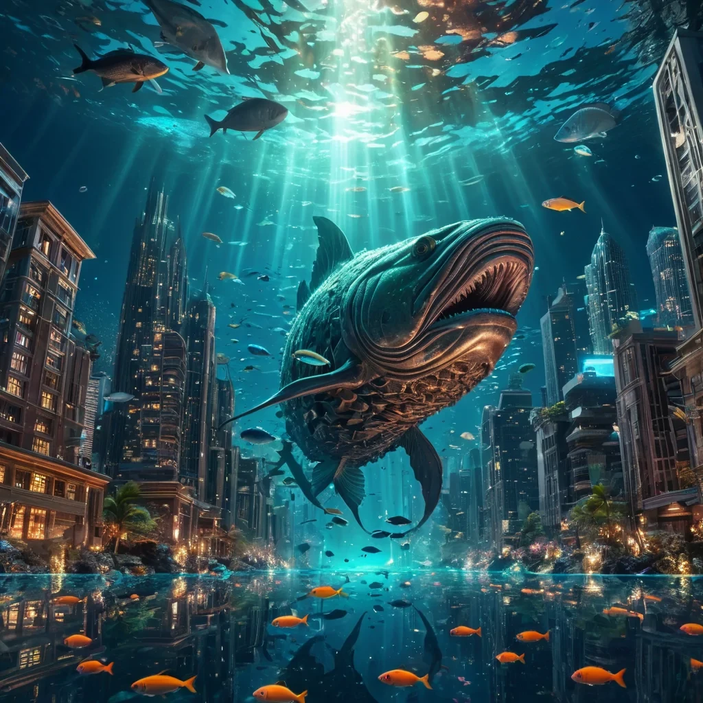 An underwater metropolis, illuminated by bioluminescent flora, where schools of iridescent fish weave between towering, coralencrusted skyscrapers. A colossal, ancient leviathan surfaces, its form reflected in the glassy, undulating cityscape. Ultra HD, dynamic volumetric lighting, atmospheric lens flare, vibrant aquatic colors.