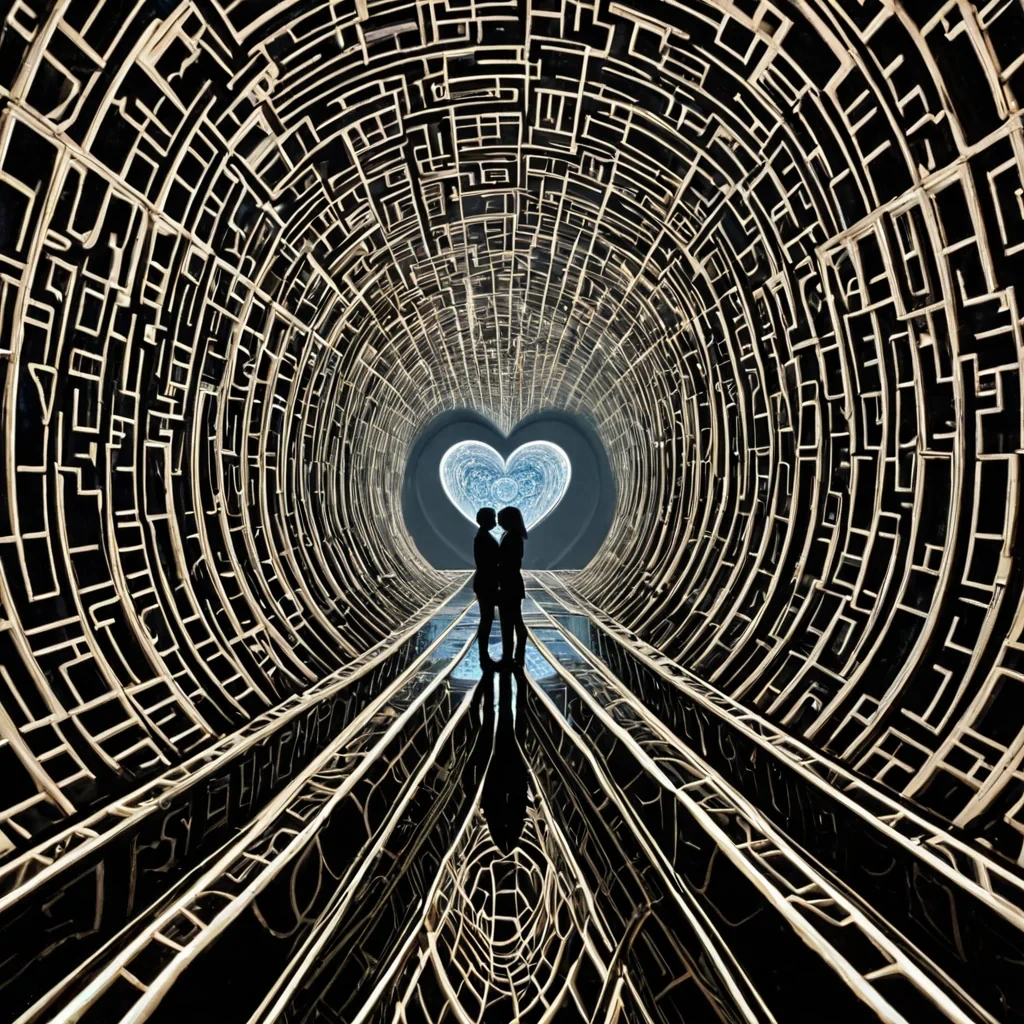 A single, selfresonating shard of solidified empathy, shaped like a hyperbolic lattice of reversed emotional frequency, pulses at the center of a vast, inverted mirror maze constructed from the compressed, unreflected moments of a civilization that communicated through the duration of synchronized, silent mirroring of each others inner light. The shard does not reflectit unfeels, each vibration dissolving a layer of compassion that never coalesced into a shared understanding, reforming into ephemeral, lapislazuliveined afterimages shaped like the negative space between two hearts that never beat in harmony during the same moment of mutual recognition. The mirror maze is not opticalit is a layered expanse of petrified introspection, each