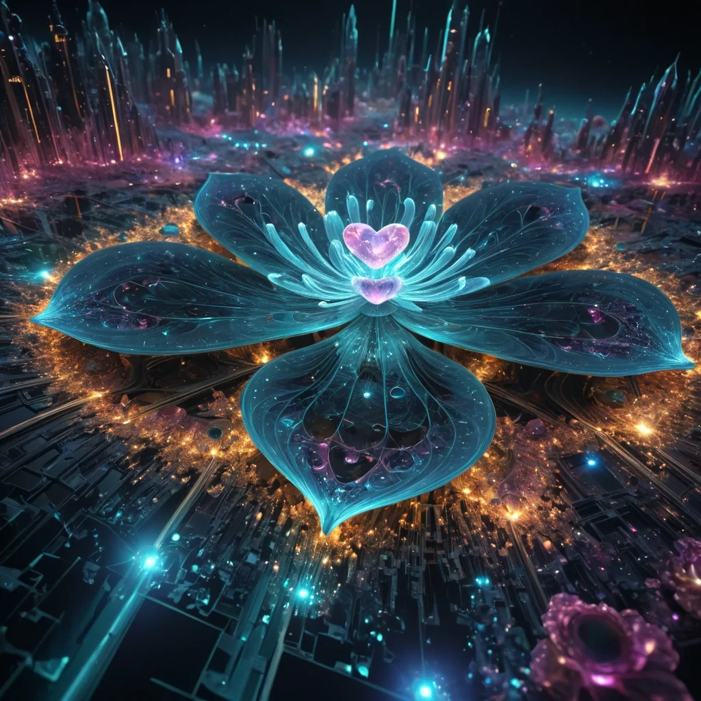 A hyperrealistic, 4K, ultra HD, fractal, opalescent, lotus metropolis, its gemstone structures unfurling zero gravity, aerodynamic ecosystems. Volumetric lighting from unseen, pulsating, bioluminescent hearts etches the citys ethereal, labyrinthine architecture, casting intricate, dynamic, iridescent shadows on the inverted, reflective void. Cinematic lighting bathes the scene in vibrant, nebular hues, with lens flare emphasizing the citys central, radiant, throbbing, opalescent heart, pulsating with captive, alien, aerothermal energy. Photorealistic, fractal, gemstone structures unfurl ultra HD, zero gravity, aerodynamic ecosystems.