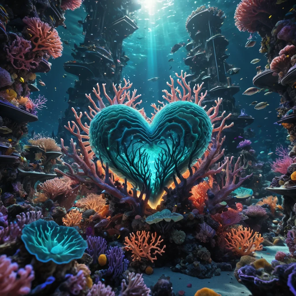 Photorealistic, colossal, undulating, iridescent, coral reef metropolis, its hyperrealistic, 4K, intricate, polyps branching out ultra HD, bioluminescent, zerogravity ecosystems. Volumetric lighting from unseen, pulsating, bioluminescent hearts etches the citys ethereal, geometric architecture, casting intricate, dynamic, neon shadows on the inverted, reflective void. Cinematic lighting bathes the scene in vibrant, aquatic hues, with lens flare emphasizing the citys central, radiant, throbbing, crystalline heart, pulsating with captive, alien, bioluminescent energy.