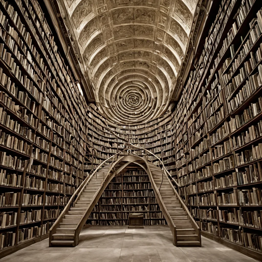 A single, selfrewriting scroll of solidified silence, shaped like a spiraling, nonlinguistic script of reversed memory, pulses at the center of a vast, suspended library built from the compressed, unrecorded dreams of a civilization that communicated through the duration of synchronized, silent dreaming. The scroll does not writedit unremembers, each twist dissolving a layer of narrative that never coalesced into language, reforming into ephemeral, silverveined glyphs shaped like the negative space between two minds that never shared the same dream. The library is not textualit is a layered expanse of petrified subconscious, each shelf etched with the neural residue of a thought that was almost formed, its walls shimmer