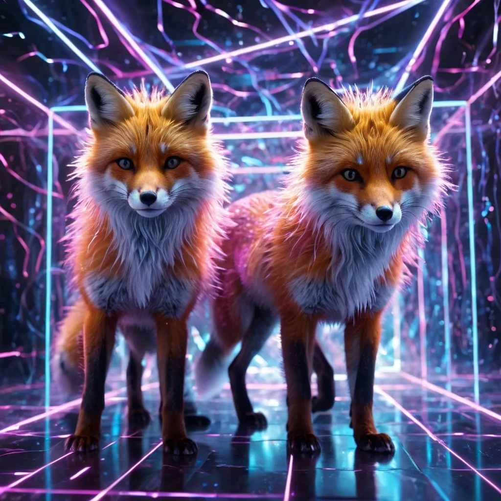 Hyperrealistic neon foxes with reflective metallic fur dancing in a cubic sapphire chamber filled with swirling quantum mist, holographic trails weaving in dynamic lighting, bokeh effect, vibrant colors, 4K