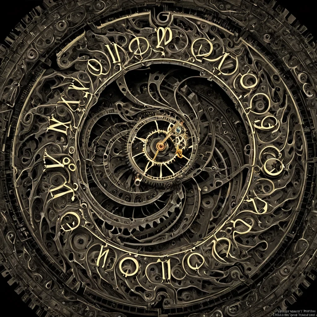 A single, selfresonating fractal of reversed time, shaped like a 17,342dimensional spiral of unformed chronology and inverted causality, pulses at the center of a vast, inverted clockwork of solidified stillness  each gear forged from the exact moment between a hand turning a dial and its refusal to advance, a second ticking in silence and dissolving into nonlinear emptiness, a memory forming in the mind and collapsing into pure, unmeasured nonsequitur. The fractal does not measure duration  it unmeasures it, each shimmering layer shedding a fragment of temporal potential that never coalesced into linear progression, reforming into ephemeral, amethystveined afterimages