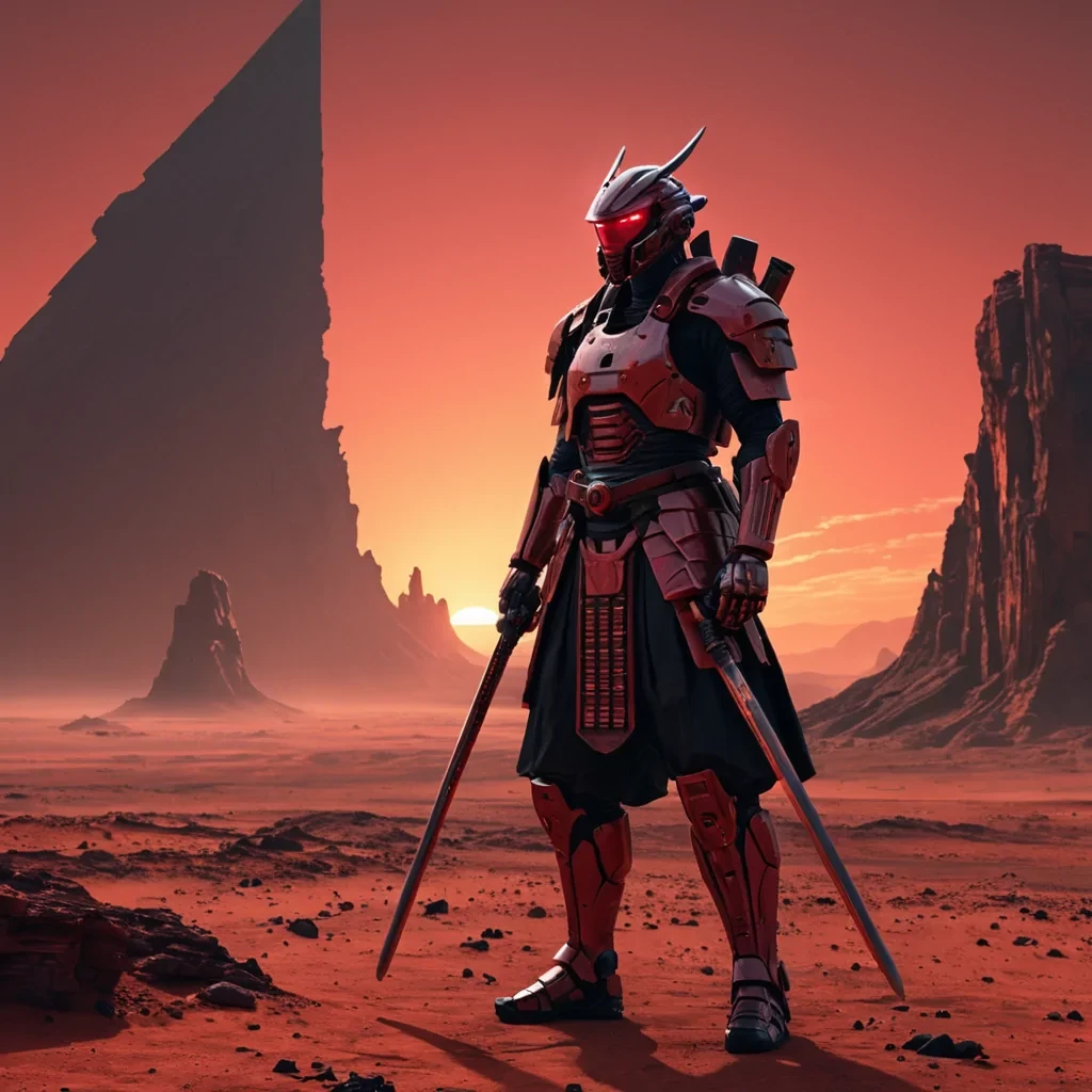 An ultradetailed, 4K portrait of a stoic, cybernetic samurai, standing amidst a desolate, crimson sunset on Mars, with cinematic lighting casting dramatic shadows, and a distant, ancient, alien monolith looming in the background.
