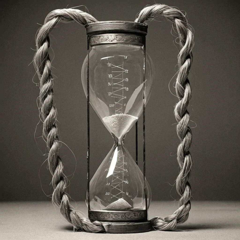 A single, selfoscillating thread of reversed time, shaped like a 3,141dimensional braid of unformed chronology and inverted causality, weaves through the hollow core of a vast, inverted hourglass of solidified stasis. Each strand is spun from the exact moment between a second ticking forward and its refusal to pass, a memory forming in the mind and dissolving into nonsequitur, a heartbeat syncing with the rhythm of a forgotten past and collapsing into pure, unmeasured nonduration. The braid does not measure timeit unmeasures it, each trembling loop shedding a layer of temporal potential that never coalesced into history, regret, or the weight of having been. As it
