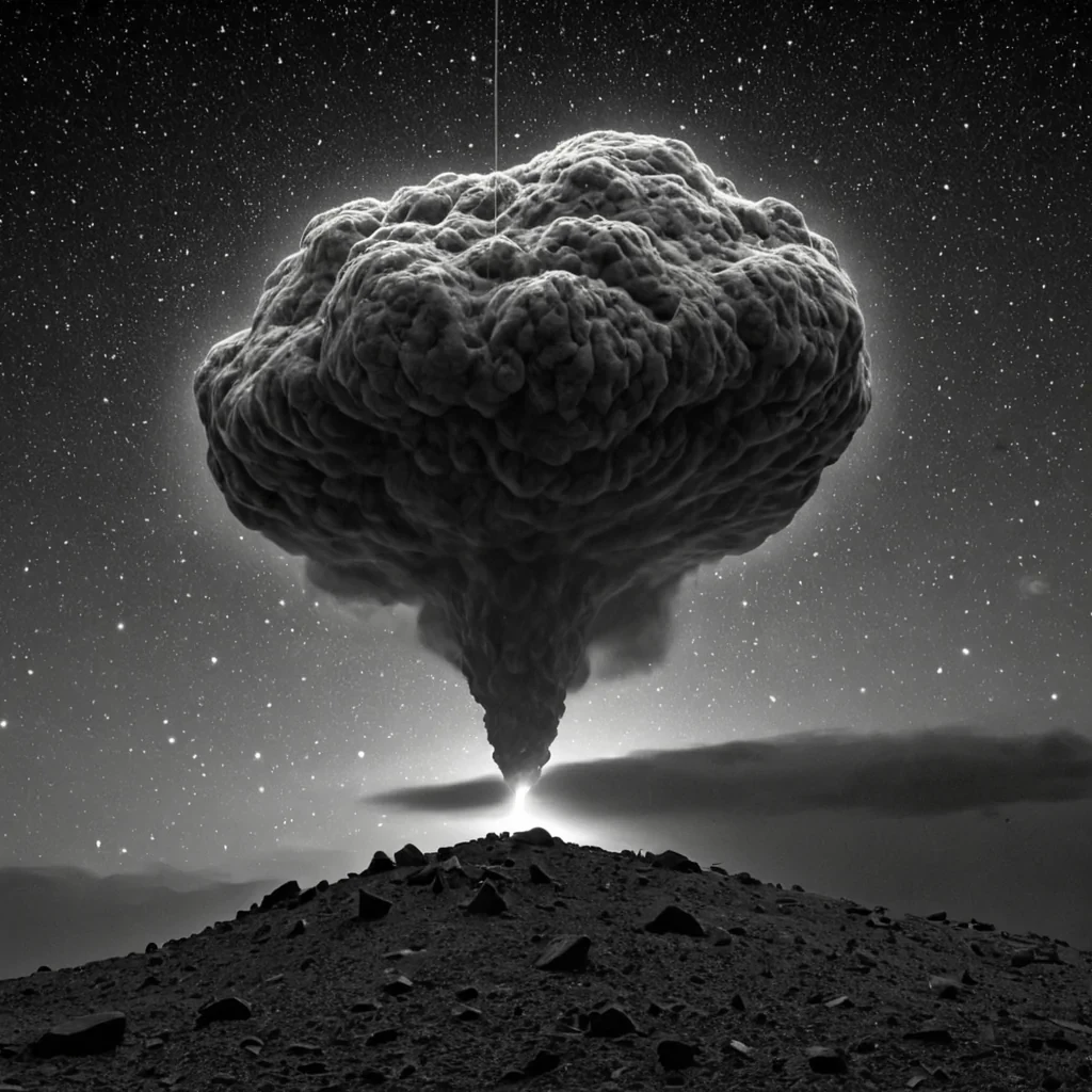 A single, selfilluminating cluster of reversed gravity, shaped like a 149dimensional nebula of unformed weight and inverted mass, drifts through the center of a vast, inverted sky of solidified levitationeach cloud formed from the exact moment between a stone falling and its refusal to descend, a birds wing beating and its sudden suspension in midair, a breath escaping lungs and its unraveling into nongravitational mist. The cluster does not pullit unpulls, each shimmering node shedding a layer of gravitational potential that never coalesced into a shared pull, reforming into ephemeral, hematitethreaded afterimages shaped like the negative space between two feet that never touched the ground,