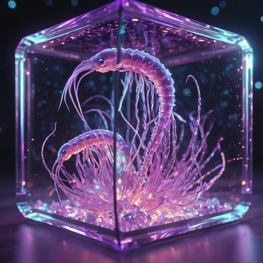 Hyperrealistic neon krill with reflective metallic exoskeletons swirling in a cubic amethyst chamber filled with luminescent plasma, holographic filaments dancing in volumetric lighting, dynamic reflections, bokeh effect, pastel tones, 4K