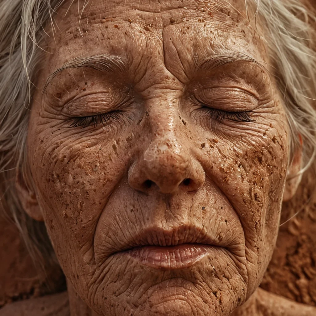 A hyperrealistic, closeup portrait of an elderly womans face, specifically focusing on her closed eyes and the texture of her skin, which is rendered as a topographic map of a dry, cracked desert landscape. Instead of wrinkles, the skin features deep, arid gullies filled with fine, golden sand and sparse, driedout moss in shades of sage and ochre. Her eyelashes are replaced by delicate, translucent blades of crystalline ice, refracting a warm, lateafternoon sunlight that casts long, sharp shadows across her cheekbones. The background is a seamless, softfocus wash of warm terracotta and dusty rose, with faint, drifting particles of red clay dust illuminated by a single, strong beam of light coming