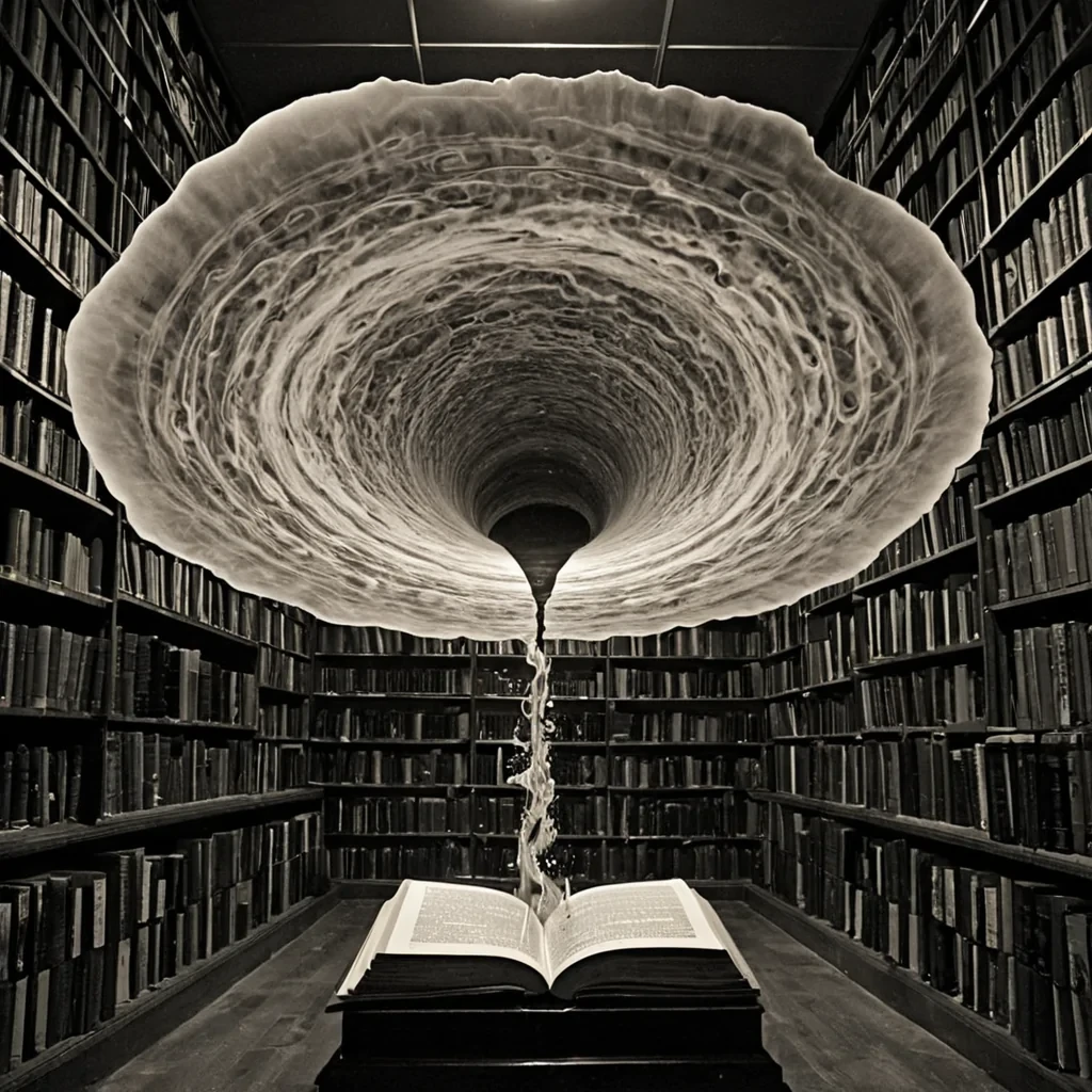 A single, selfrewriting inkwell of reversed memory, shaped like a 7,319dimensional vortex of unformed recollection and inverted nostalgia, floats at the center of a vast, inverted library of solidified forgetting  each book bound from the exact moment between a name being spoken and its refusal to be remembered, a photograph fading in the dark and dissolving into nonvisual silence, a song playing on a radio and collapsing into pure, unmeasured nonresonance. The inkwell does not preserve the past  it unpreserves it, each swirling droplet shedding a layer of mnemonic potential that never coalesced into conscious recall, reforming into ephemeral, sapphireveined afterimages shaped