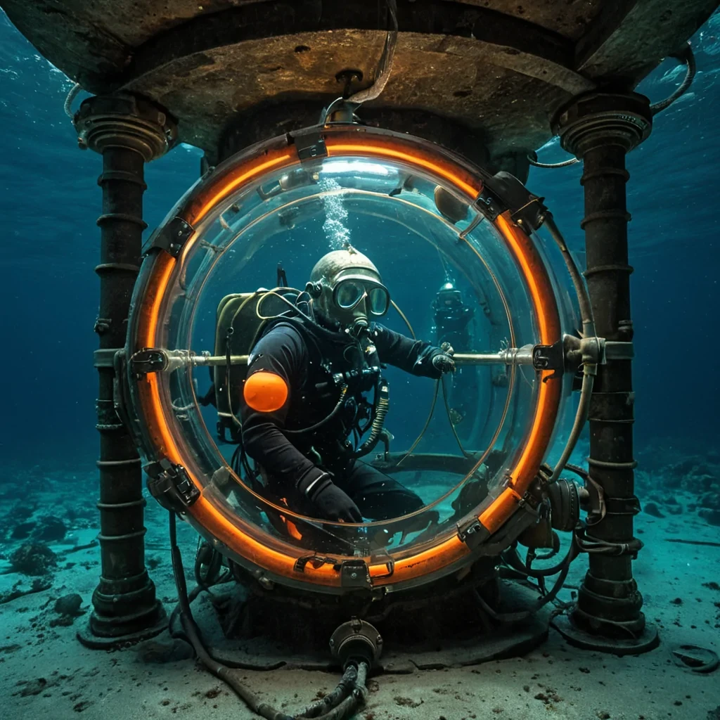 A horizontal, eyelevel wide shot of a colossal, submerged data archive housed within the hollowedout skeleton of a prehistoric leviathan, resting on the ocean floor. The creatures ribcage forms a vast, arched cathedral space filled with thousands of vertical, cylindrical servers made of transparent, waterfilled glass tubes that pulse with rhythmic, bioluminescent azure light. In the center foreground, a diver clad in a bulky, vintagestyle deepsea diving suit with brass fittings and a large, circular glass helmet floats weightlessly, tethered to a central console by thick, coiled fiberoptic cables that glow with warm orange data streams. The water is dense and murky, creating a heavy atmospheric haze that diffuses the