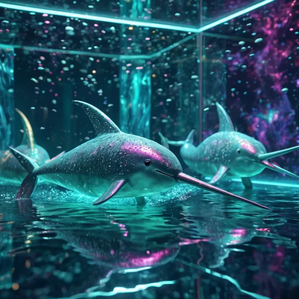 Hyperrealistic neon narwhals with reflective metallic tusks swimming in a cubic aquamarine chamber filled with shimmering cosmic dust, holographic waves undulating in volumetric lighting, dynamic reflections, bokeh effect, vibrant colors, 4K