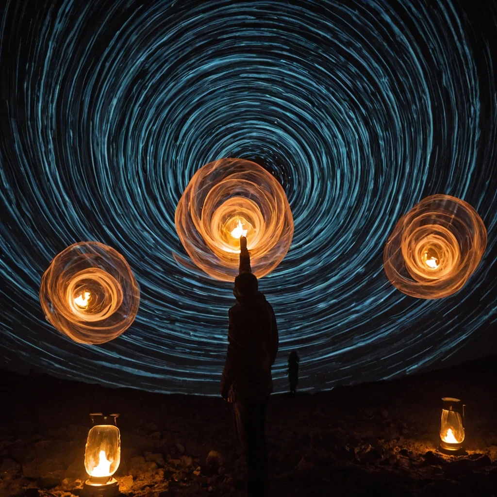 A single, selfigniting filament of solidified twilight, shaped like a spiraling, nonNewtonian cascade of reversed atmospheric refraction, pulses at the center of a vast, suspended archive of unlit lanterns floating in the stratospheric boundary between two mirrored, dormant auroras. The filament does not burnit unglows, each twist unraveling a layer of light that never coalesced into warmth, reforming into ephemeral, amethysthued shadows shaped like the negative space between two hands that never held the same flame in the same moment of shared hesitation. The archive is not illuminatedit is a layered expanse of petrified longing, each lantern etched with the thermodynamic residue of a candle that was