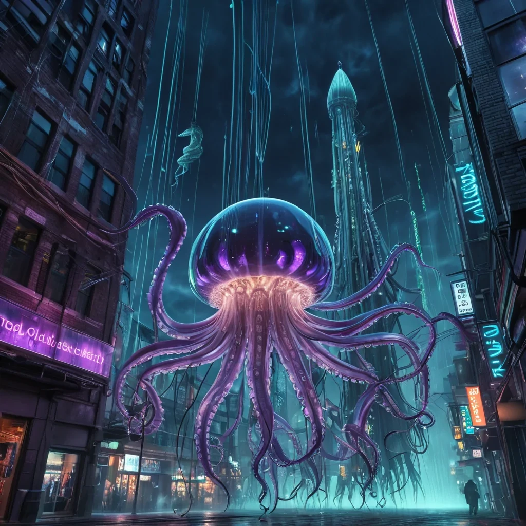A colossal, ancient, mechanical squid, its metallic tentacles pulsating with ethereal, neon light, descends from a stormy, indigo sky, leaving a trail of iridescent, otherworldly contrails. Below, a labyrinthine, neonlit cityscape sprawls, its towering, glass spires reflecting the squids ethereal glow. Suspended within its transparent, bioluminescent mantle, a holographic, sentient, mechanical swarm of jellyfish dances, casting ephemeral shadows on the citys sentient, robotic inhabitants. Rendered in ultra HD, with dynamic lighting, atmospheric effects, and vibrant colors, evoking a sense of awe and