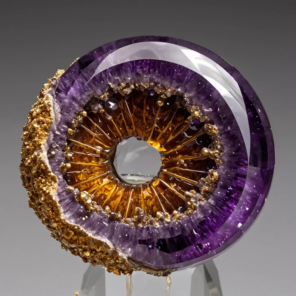 A hyperrealistic, extreme macro photograph of a single, suspended droplet of viscous, golden honey trapped within the rigid, crystalline structure of a large, cutopen amethyst geode. The honey does not settle instead, it is held in a state of perfect, static equilibrium by an invisible magnetic field, forming a complex, twisting spiral shape that defies gravity. Embedded within the golden fluid are hundreds of microscopic, perfectly sharp shards of mirrorpolished steel, each reflecting a distorted, miniature version of the surrounding purple crystal lattice. The interior of the geode is illuminated by a soft, warm, internal light source emanating from the core, creating a dramatic interplay of refractive indices between the purple quartz and the golden liquid