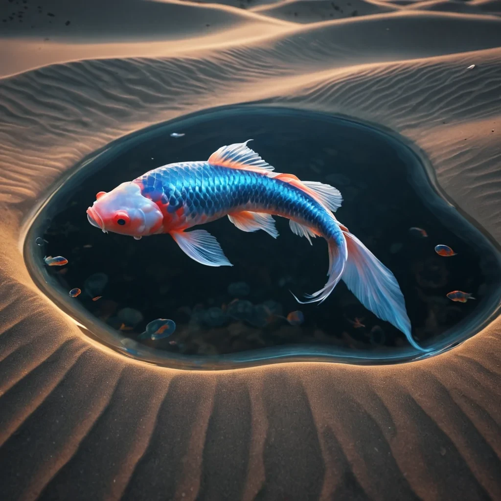 A hyperrealistic, 4K portrait of a sentient, levitating, neonlit holographic koi fish, its ethereal form pulsating with intricate, bioluminescent fractal patterns, set against a surreal, monochromatic landscape of undulating, shadowy dunes, with volumetric lighting casting dramatic shadows and emphasizing the kois dynamic, fluid movements, and a subtle, cool bokeh effect creating a sense of isolation and mystery.