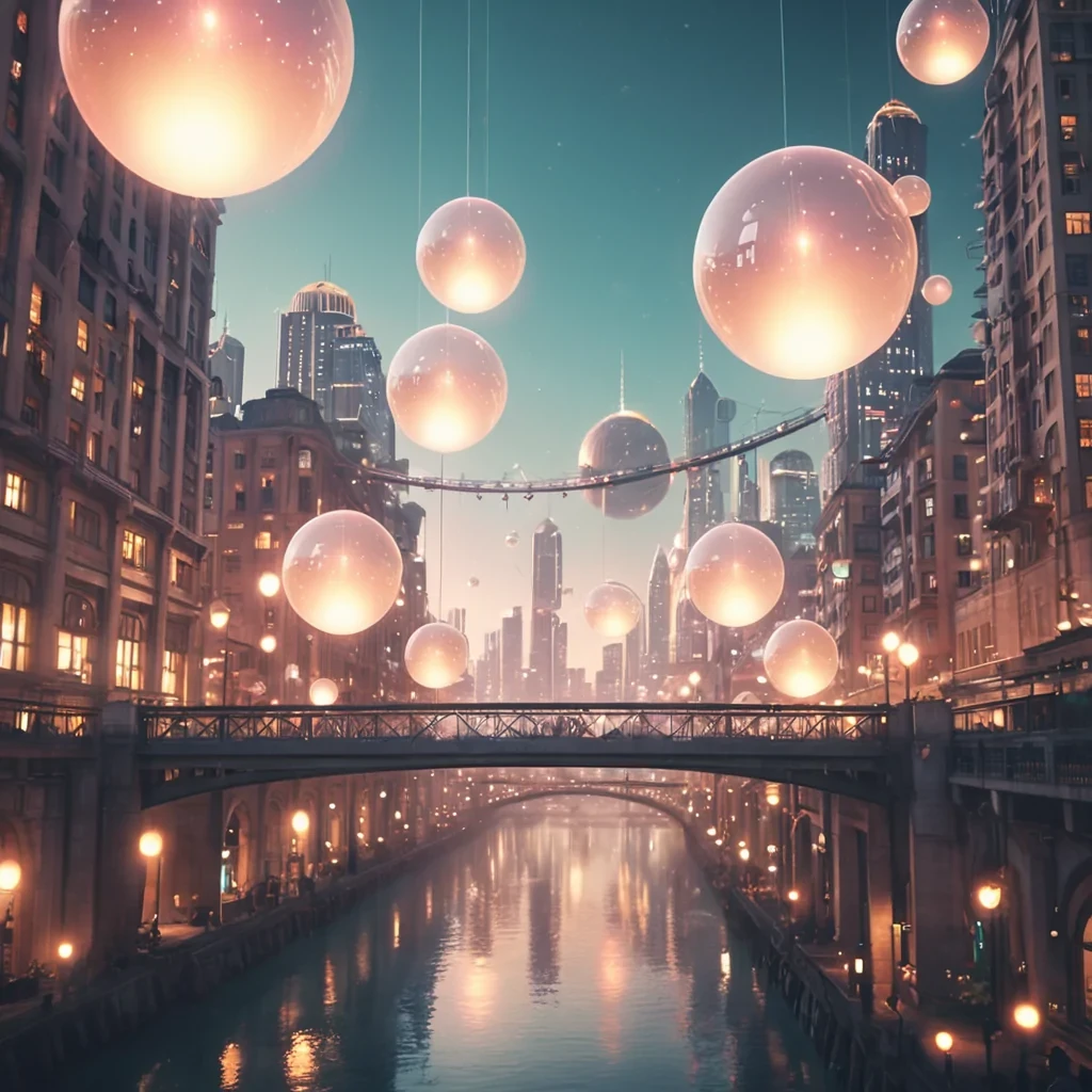 A surreal, ethereal city where buildings are giant, glowing orbs suspended in the air, connected by shimmering bridges of light, hyperrealistic, 4K, cinematic lighting, volumetric lighting, atmospheric effects, dynamic lighting, bokeh effect, soft focus, lens flare, pastel tones, detailed textures.