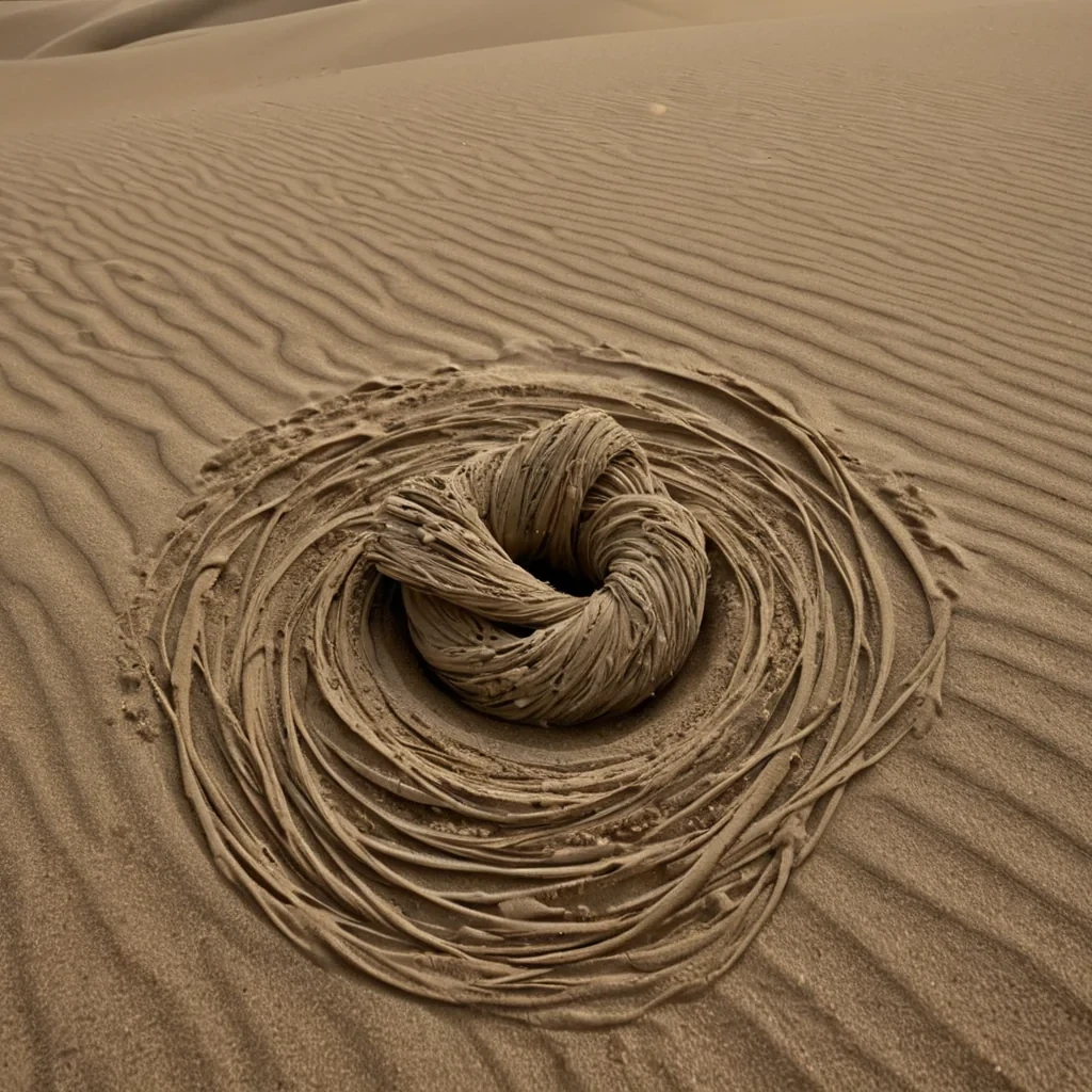 A single, selfilluminating knot of reversed silence, shaped like a 17,302dimensional tangle of unformed stillness and inverted quiet, pulses at the center of a vast, inverted desert of solidified sound  each dune carved from the exact moment between a whisper fading into the wind and its refusal to be heard, a footstep crunching sand and dissolving into nonacoustic suspension, a lullaby drifting across the horizon and collapsing into pure, unmeasured nonresonance. The knot does not contain silence  it uncontains it, each fraying filament shedding a layer of auditory potential that never coalesced into perceptible vibration, reforming into ephemeral, obsidianve