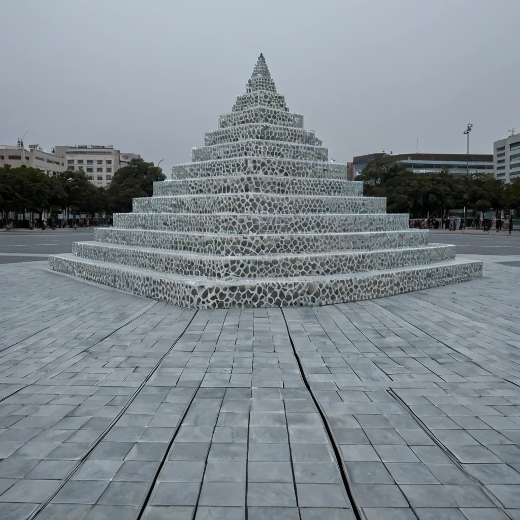 A hyperrealistic, eyelevel wide shot of a vast, silent plaza paved with large, hexagonal tiles of brushed titanium, reflecting a pale, overcast sky. In the center stands a monumental, inverted ziggurat structure crafted entirely from stacked, translucent layers of frosted quartz, emitting a soft, diffuse white light from within. The steps of the ziggurat are populated by hundreds of identical, minimalist mannequins dressed in highcollared, fluid garments made of shifting, iridescent oilslick fabric. The mannequins are arranged in perfect concentric circles, facing outward, their featureless faces blank and smooth. Surrounding the plaza is a low, intricate fence made of interwoven copper wires that