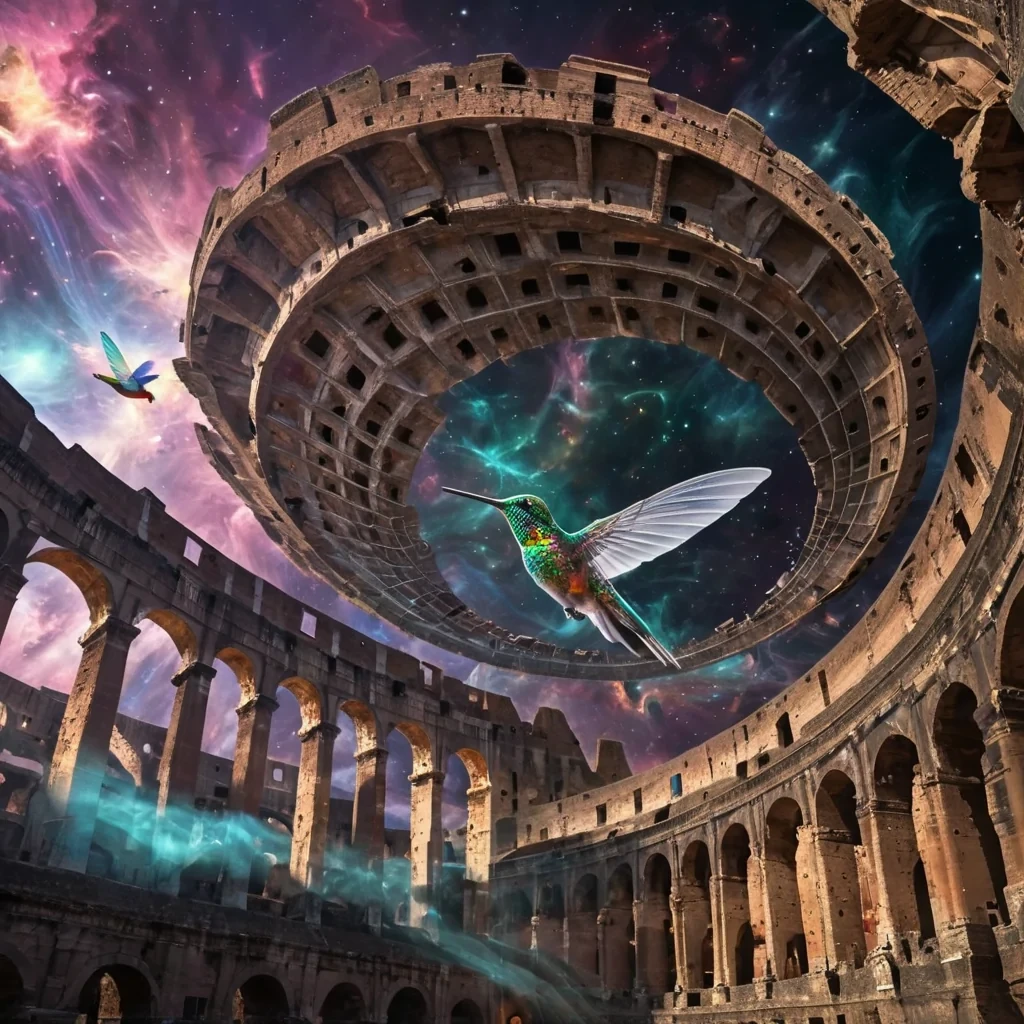 A colossal, ancient, sentient, glass and chrome colosseum, suspended in the heart of a swirling, mesmerizing, interstellar nebula, its transparent walls revealing intricate, holographic, fractal patterns that dance and pulsate with ethereal, otherworldly life. A lone, levitating, iridescent, mechanical swarm of hummingbirds, their metallic wings adorned with fractal patterns, swirls around the colosseum, casting dynamic, mesmerizing shadows under cinematic lighting. Captured in Ultra HD with vibrant colors, atmospheric effects, and a soft focus, evoking a sense of tranquil, otherworldly majesty.