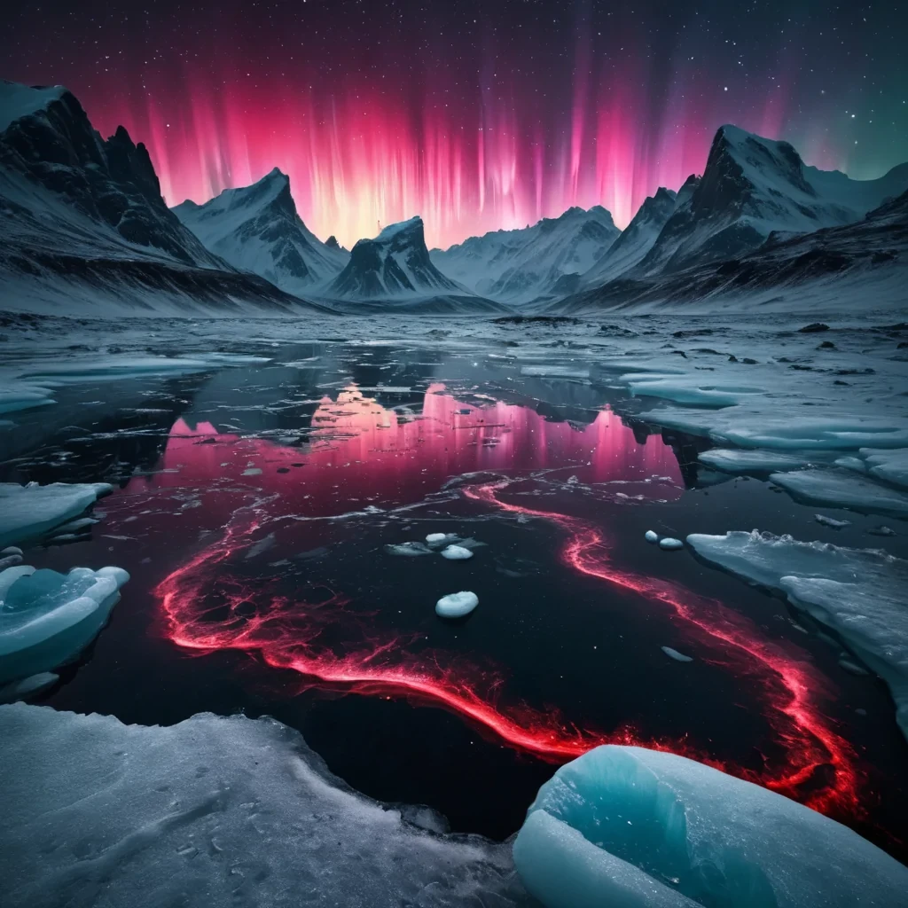 Crimson Aurora A hyperrealistic, Ultra HD aurora borealis, composed entirely of liquid crimson, cascades across the desolate, cinematic expanse of a frozen, alien planet. Its dynamic, volumetric tendrils cast intricate, atmospheric shadows across the monochromatic, icy landscape, while its detailed, textured surface reveals a hidden, bioluminescent, underwater metropolis, teeming with alien lifeforms. The auroras vibrant, pastel glow illuminates the distant, swirling galaxies, creating a soft, ethereal bokeh effect that dances with the scenes lens flare.