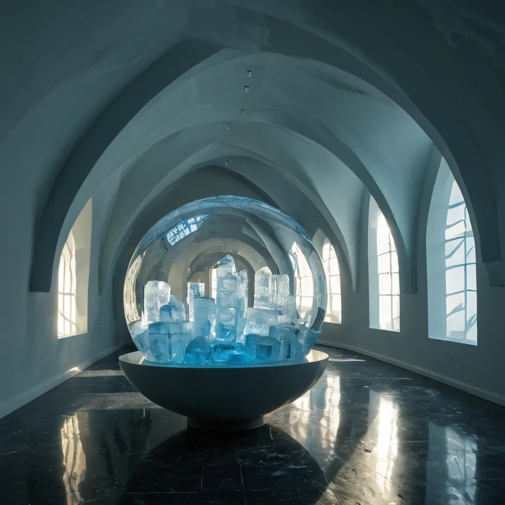 A vertical, eyelevel medium shot of a tranquil, indoor sanctuary dedicated to the preservation of floating, geometric ice sculptures, each encased in a transparent, spherical glass vessel that hovers silently above a polished, black granite floor. The room is illuminated by a single, soft beam of warm, golden light streaming through a high, arched window, casting long, sharp shadows that stretch across the cool, reflective surfaces. Inside the nearest vessel, a complex, fractallike ice structure glows with an internal, pale blue luminescence, its intricate facets catching the light like a thousand tiny diamonds. In the foreground, a curator with skin resembling smooth, cool porcelain and wearing a minimalist, highcollared tunic of deep indigo silk