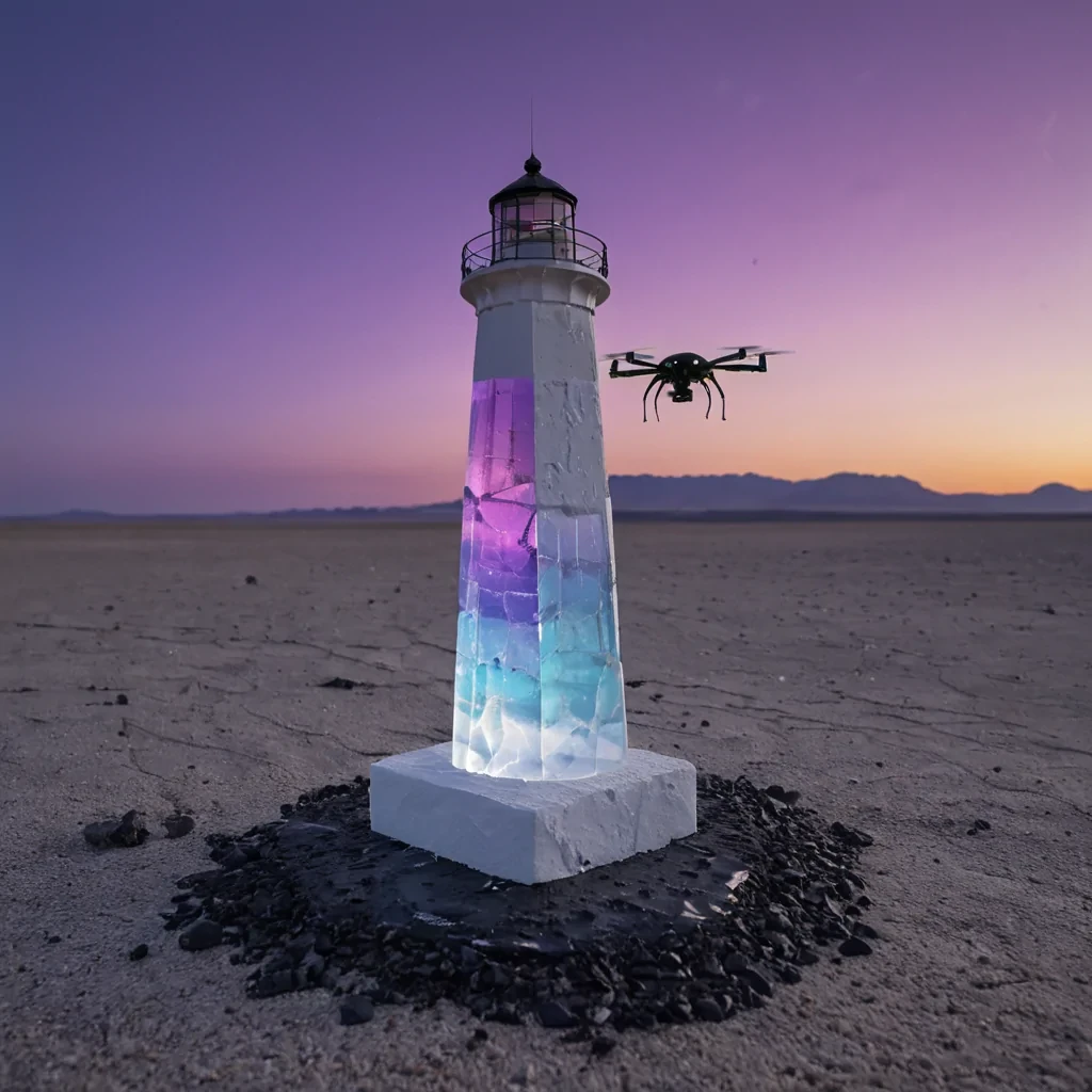 A horizontal, eyelevel closeup of a solitary, hypermodern lighthouse built from stacked layers of raw, unpolished concrete and transparent aerogel, standing on a jagged outcrop of black basalt in a vast, saltflat desert under a twilight sky. The structure emits a pulsating, holographic beacon of shifting geometric fractals in shades of violet and gold that refract through the translucent aerogel walls, casting intricate, prismatic shadows on the surrounding white salt crust. In the immediate foreground, a small, sleek drone with wings made of iridescent beetle shell hovers motionless, capturing the light patterns, while the background features a horizon line of distant, jagged mountain silhouettes blurred by heat haze