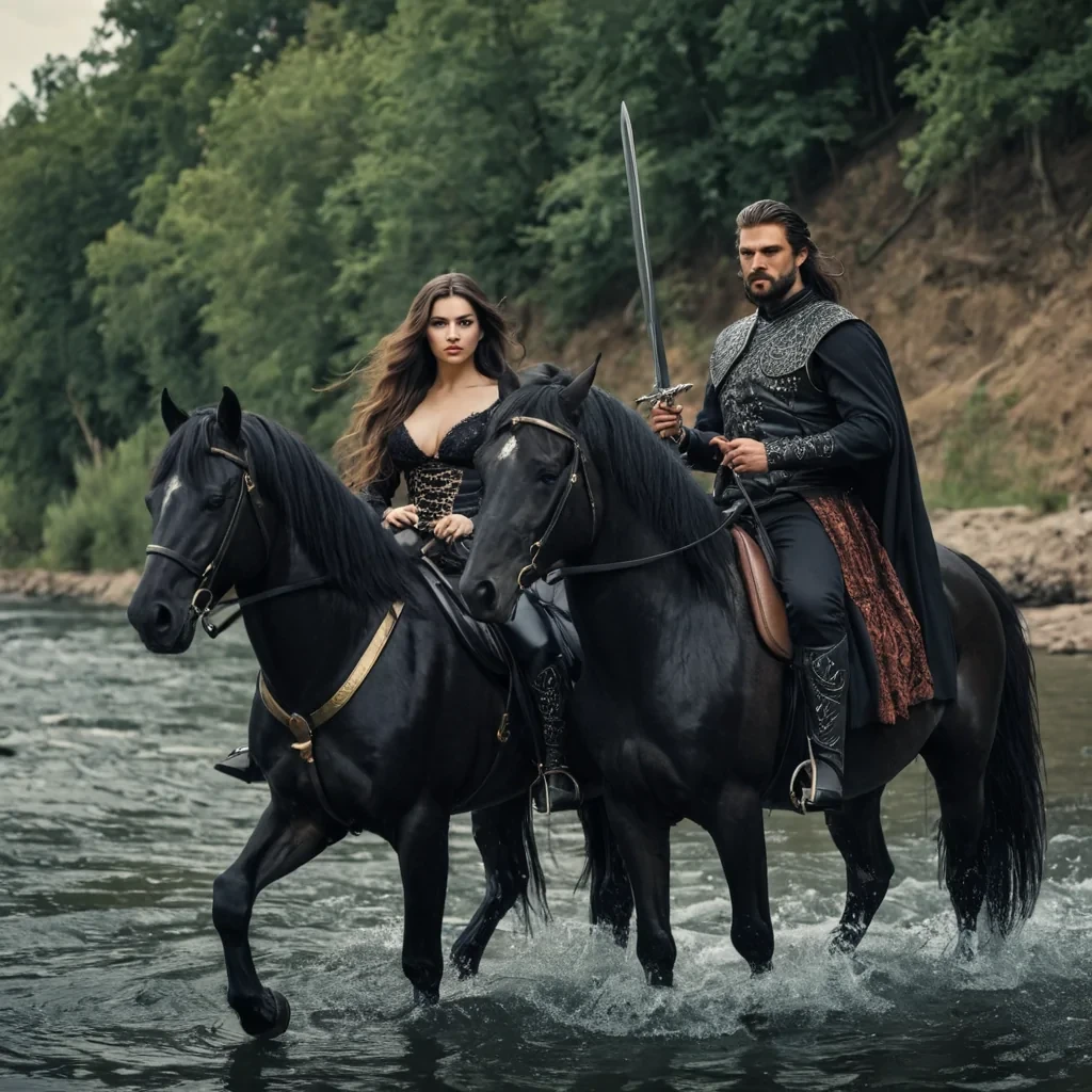 A modern handsome evil king has gotten chubby and grown a little beard with a sword in his hand dressed very nice with beautifully dressed beautiful brunette women with long hair all on black horses on the side of a river