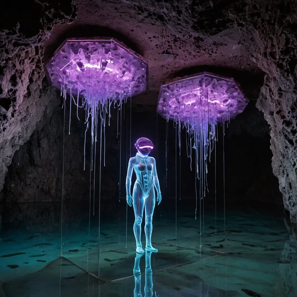 A splitlevel perspective of a submerged, crystalline archive deep within a geothermal cavern, where the boundary between water and air is marked by a shimmering, horizontal membrane of iridescent oil. Below the surface, intricate, hexagonal memory cores made of frosted quartz float in suspension, emitting soft pulses of cerulean and magenta light that refract through the dense, clear fluid. Above the membrane, a solitary researcher wearing a translucent, polymerexoskeleton suit stands on a narrow, rusted iron gantry, their face obscured by a reflective visor that mirrors the glowing data streams rising from below. The gantry is adorned with hanging clusters of bioluminescent fungi in shades of pale lavender and electric lime, creating a