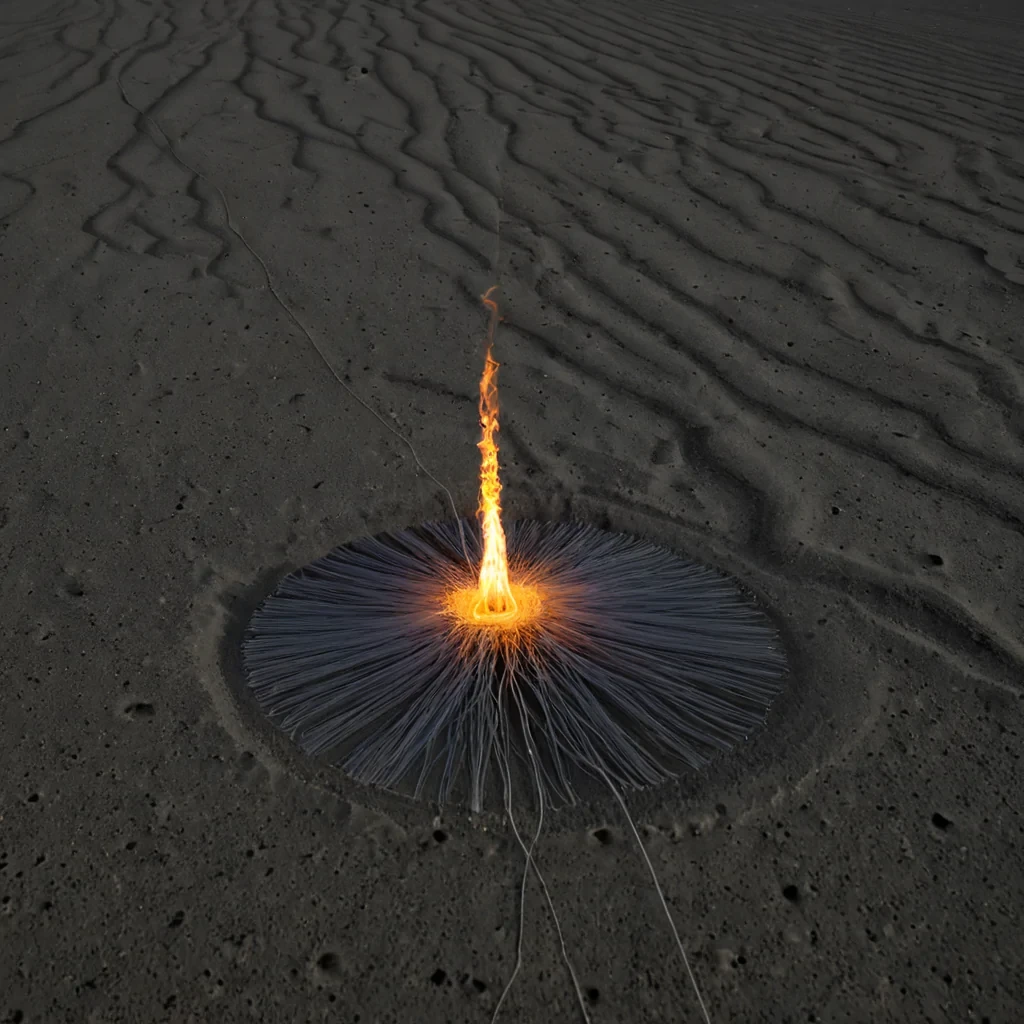 A single, selfigniting thread of reversed light, shaped like a 9,002dimensional filament of unformed radiance and inverted luminescence, floats in the center of a vast, inverted desert of solidified shadow. Each strand is spun from the exact moment between a match being struck and its refusal to ignite, a star collapsing into darkness and dissolving into nonglow, a candle flame flickering in a sealed room and collapsing into pure, unmeasured nonillumination. The filament does not emit light  it unemits it, each burning segment shedding a layer of photonic potential that never coalesced into visible spectrum or heat, reforming into ephemeral, topazveined ash that