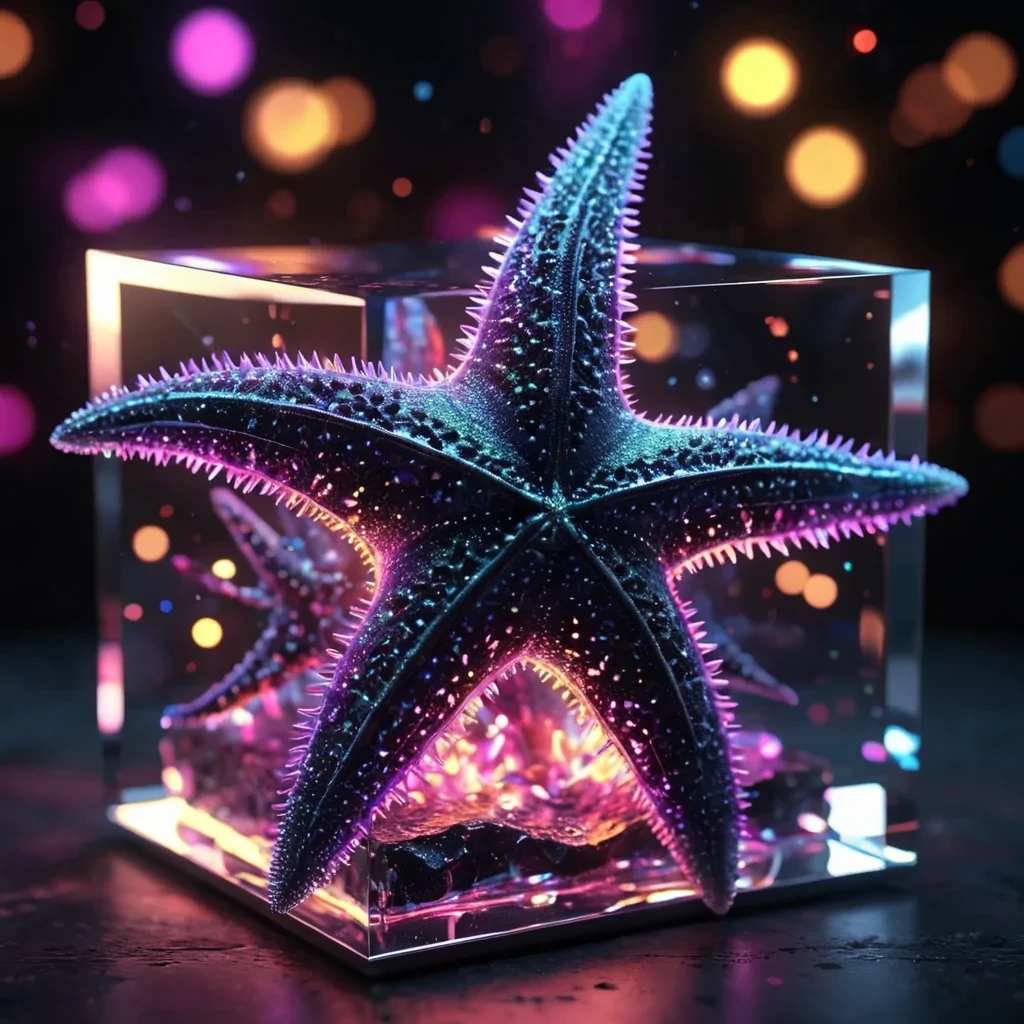 Hyperrealistic neon starfish with reflective metallic spines glowing in a cubic obsidian chamber filled with shimmering plasma, holographic waves pulsating in volumetric lighting, dynamic reflections, bokeh effect, vibrant colors, 4K