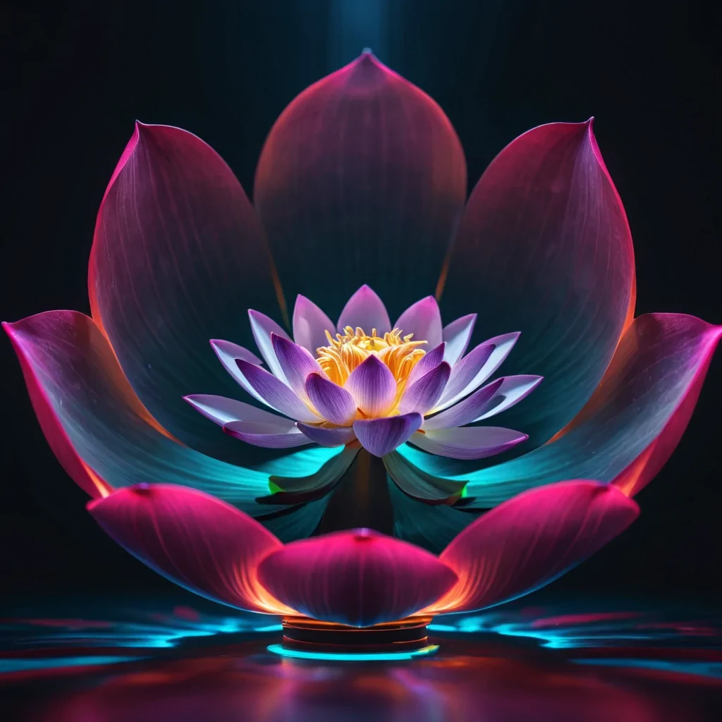 A hyperstylized, 4K portrait of a levitating, sentient lotus flower in a zerogravity, neonlit chamber, with cinematic lighting casting dramatic shadows on its petals, and vibrant, otherworldly colors illuminating its ethereal form.