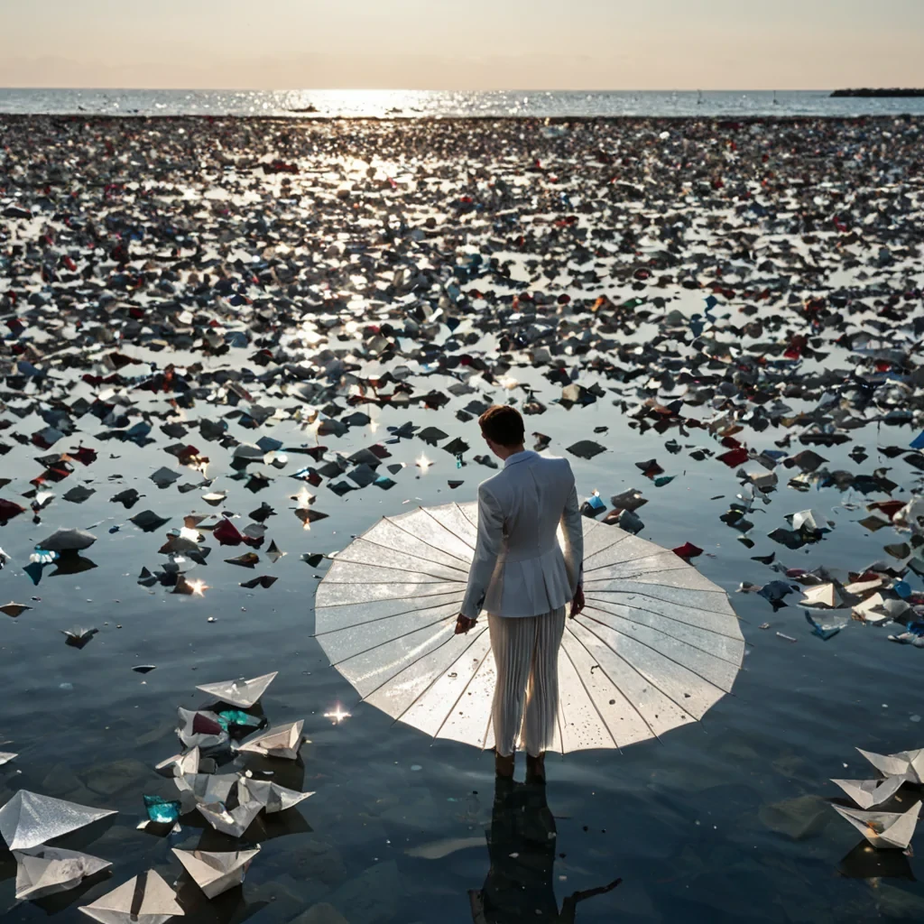 A horizontal, eyelevel wide shot of a vast, shallow lagoon where the water is crystal clear and filled with thousands of floating, geometric paper boats made from recycled translucent vellum, each containing a single, suspended drop of liquid mercury that acts as a convex mirror reflecting the sky above. The shoreline is composed of smooth, white volcanic sand interspersed with scattered shards of broken stained glass in hues of cobalt, crimson, and amber that catch the sunlight. In the center foreground, a figure wearing a structured, avantgarde suit made of stiff, white pleated fabric and metallic silver accents stands kneedeep in the water, holding a delicate, open umbrella crafted from fine wire mesh and translucent silk that diffuses the harsh midday sun