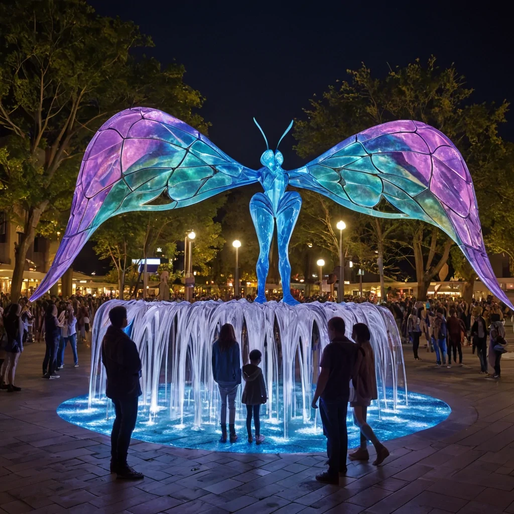 A futuristic urban plaza hums with life under the cover of night, its glowing blue lamps casting cascades of soft light across the sleek, reflective tiles. At the heart of the plaza stands a kaleidoscopic sculpture, its facets shifting colors like the iridescent wings of a butterfly. A small group of people, dressed in vibrant, flowing garments, gather around, their silhouettes illuminated by the evolving hues of the sculpture. In the background, a lush cascading waterfall flows over a transparent crystalline bridge, its gentle rush complemented by the light breeze that stirs the tops of soft, rounded arches. The overall scene is painted with a mix of pastel tones and golden accents, creating a seamless blend of harmony and futuristic