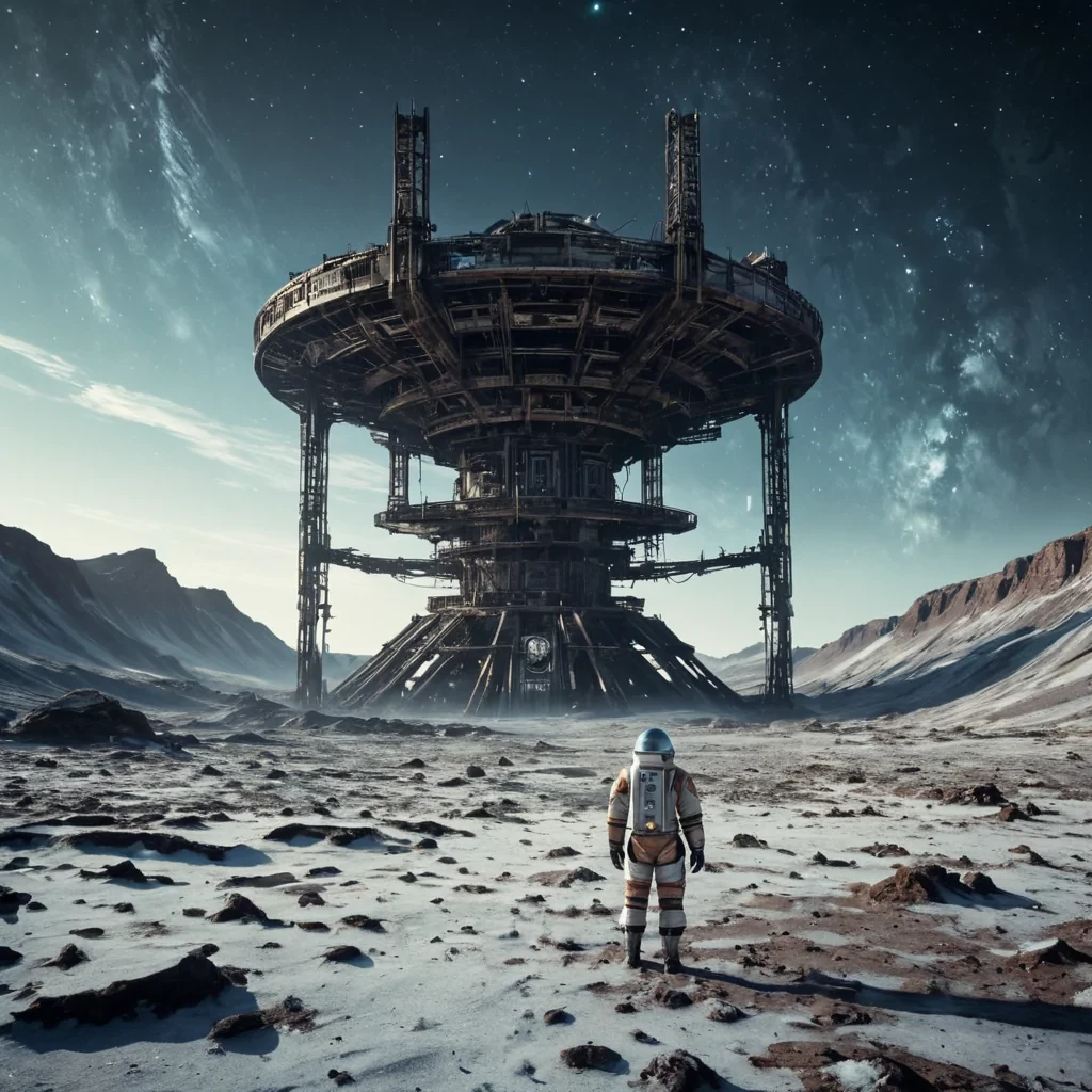 A colossal, ancient, derelict space station, its rusted, skeletal frame looming over a desolate, asteroidkissed void, stands as a silent sentinel to a forgotten era. The stations colossal, dormant reactor core, crafted from a labyrinth of interlocking, iridescent metal struts, casts dynamic, ethereal shadows across the barren landscape, revealing intricate, ancient runes etched into the weathered, icecovered terrain. Within, a lone, spectral figure, clad in a tattered, vintage spacesuit, drifts through the desolate space, their form composed of swirling, stardustkissed motes of light. Ultra HD, cinematic volumetric lighting