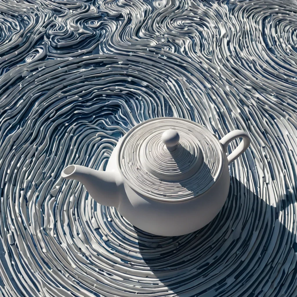 A topdown, ultrawide aerial perspective of a sprawling, flatlying mosaic composed entirely of thousands of overlapping, semiopaque vinyl records, each etched with unique, spiraling topographic maps of fictional islands. The surface is bathed in a cool, sterile white light that casts long, thin shadows from the raised edges of the vinyls, creating a complex, undulating relief pattern across the floor. In the exact center of this auditory landscape, a single, pristine, matte white ceramic teapot rests, its spout pouring a steady, thick stream of liquid, deep indigo ink that flows outward, slowly submerging the nearest vinyl grooves and creating a dark, expanding tide that contrasts sharply with the warm, earthy tones