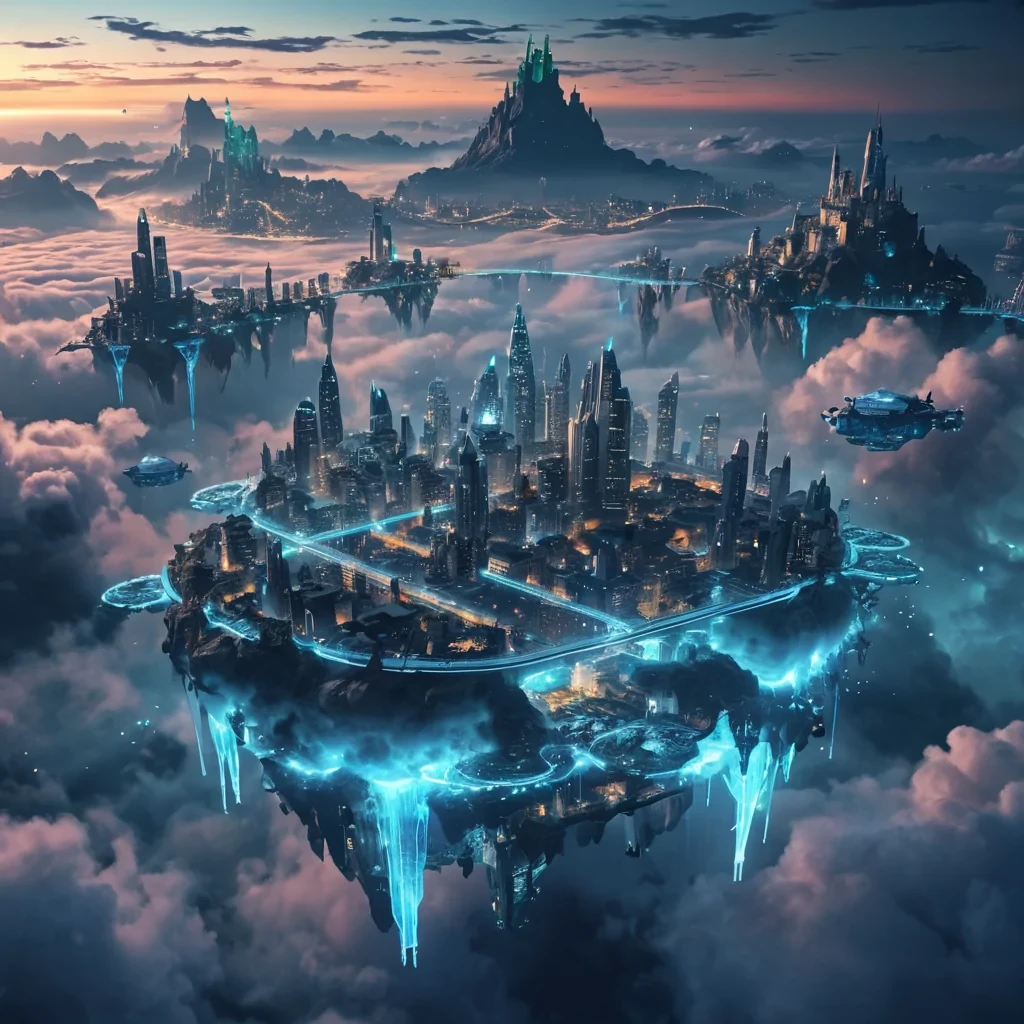 A levitating, crystalline city floating above a sea of clouds, connected by glowing bridges, with inhabitants riding translucent, bioluminescent creatures, hyperrealistic, ultra HD, cinematic lighting, volumetric lighting, atmospheric effects, bokeh effect, vibrant colors, detailed textures.