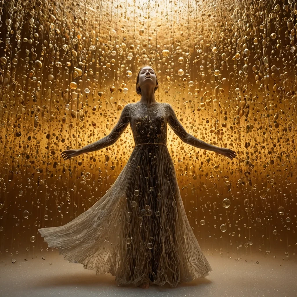 A vertical, eyelevel medium shot of a vast, silent interior space constructed from seamless, translucent layers of dried, amberhued resin that encase a frozen, microscopic ecosystem of golden dust motes and suspended, iridescent soap bubbles. The air is filled with a soft, diffuse glow emanating from the resin walls, creating a warm, honeycolored atmosphere that highlights the intricate textures of the trapped particles. In the center, a solitary figure wearing a flowing, sheer gown made of woven, luminous silver thread stands with eyes closed, their body slightly blurred by longexposure motion, suggesting a slow, meditative dance. Surrounding the figure are floating, geometric shards of frosted glass that rotate slowly, refracting the ambient light into