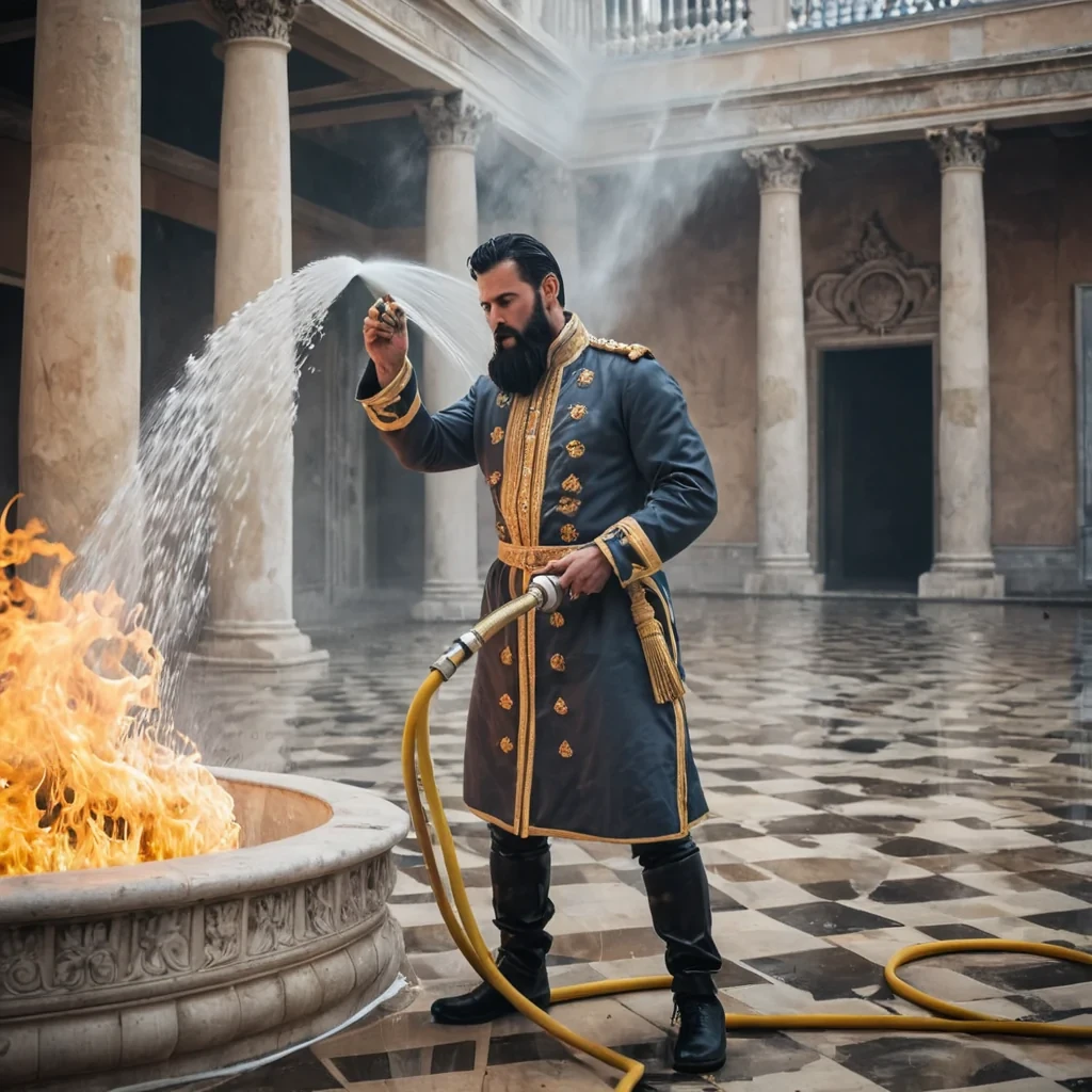 Modern, handsome king with a black beard is desperately spraying huge amounts of water a fire hose putting out a fire in the palace.