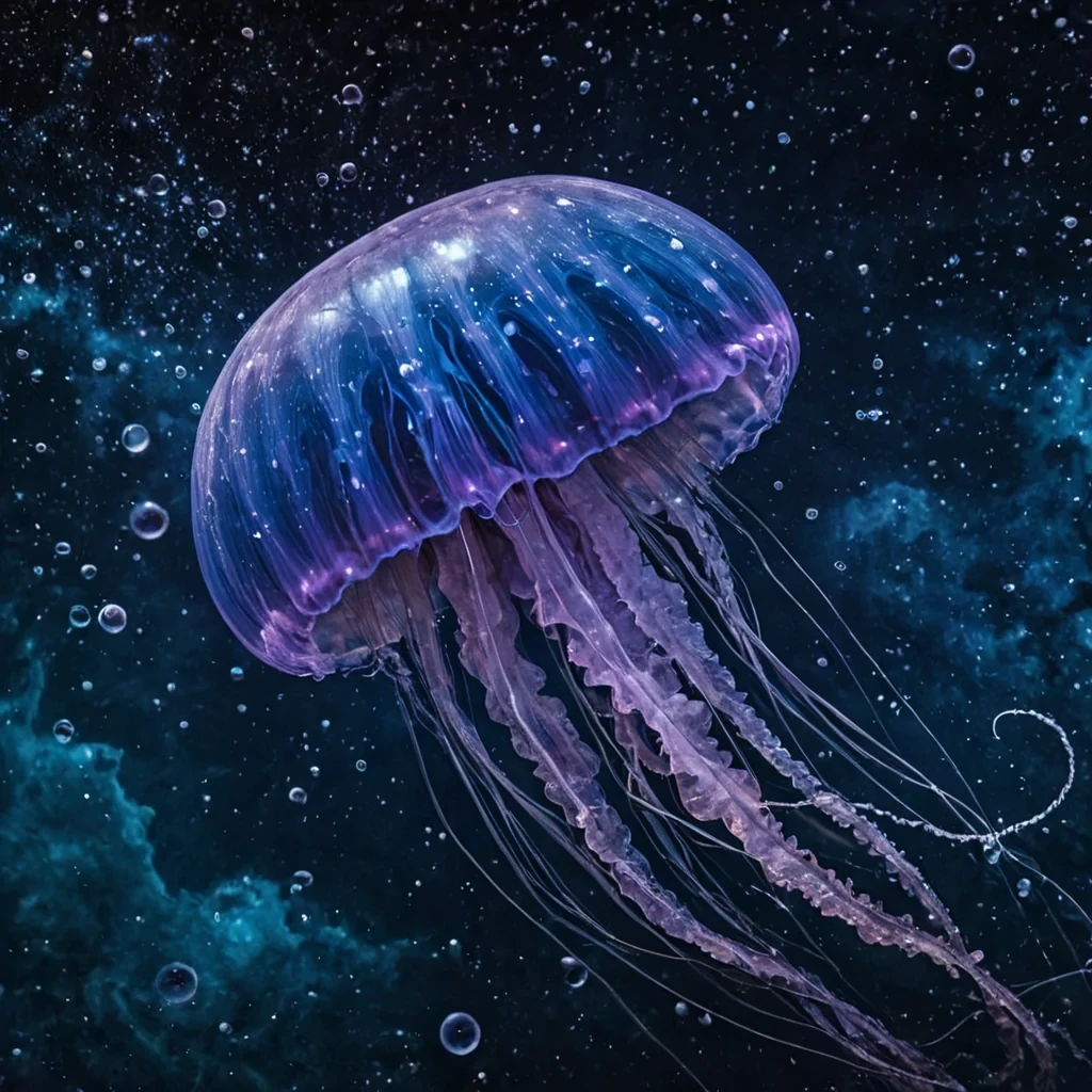 A single, colossal, translucent jellyfish drifts through the vacuum of a nebula composed entirely of solidified regret, its bell made of frozen, crystalline tears that refract the light of dead stars into the colors of unfulfilled promises. The tentacles are not organic, but woven from strands of solidified silence, each one humming with the lowfrequency resonance of a thousand unspoken goodbyes. Around it, the nebula pulses with slow, rhythmic waves of emotional decayghostly ripples of sorrow, longing, and quiet acceptance that spread outward like ripples in a glass pond. The background is a deep, bruised indigo, streaked with veins of iridescent ash that glow faintly when touched by