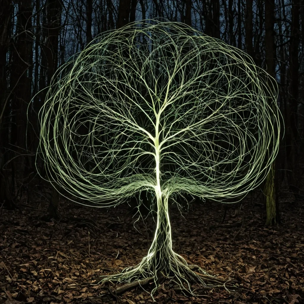 A single, selfilluminating filament of reversed light, shaped like a 1029dimensional tangle of unformed photons and inverted luminescence, pulses at the center of a vast, inverted forest of solidified shadoweach tree carved from the exact moment between a sun rising and its refusal to warm, a leaf falling and dissolving into nonphotosynthetic air, a root extending and collapsing into pure, unabsorbed darkness. The filament does not brightenit unbrightens, each trembling coil shedding a layer of radiative potential that never coalesced into a shared glow, reforming into ephemeral, obsidianthreaded afterimages shaped like the negative space between two eyes that never saw the same