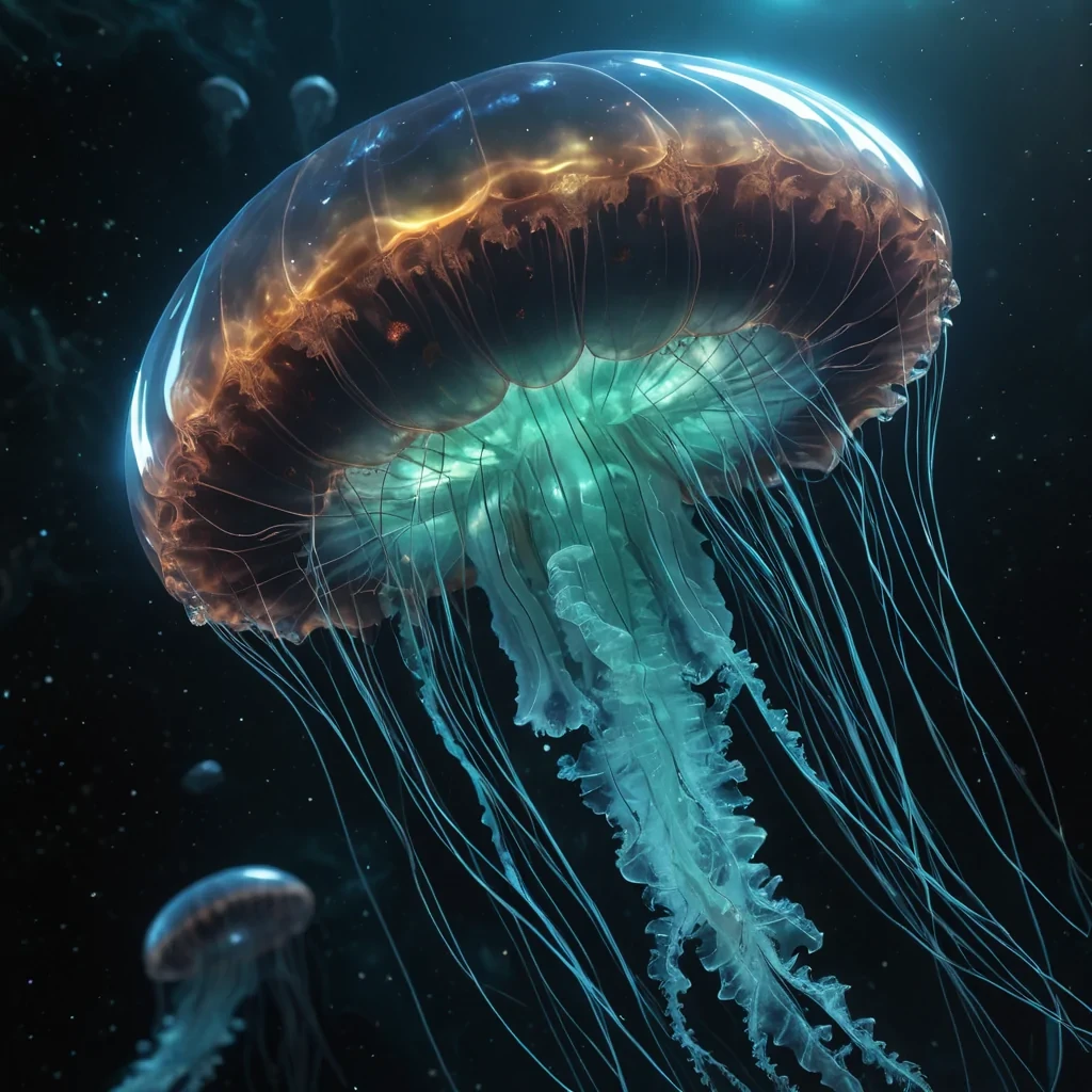 Photorealistic, colossal, gelatinous, pulsating, jellyfish spacecraft, its hyperrealistic, 4K, translucent, radial canals revealing ultra HD glimpses of a bustling, bioluminescent, extraterrestrial world within. Volumetric lighting from unseen, pulsating, cosmic cores etches the spacecrafts ethereal, fractal bell, casting intricate, dynamic, shimmering shadows on the inverted, reflective void. Cinematic lighting bathes the scene in vibrant, otherworldly hues, with lens flare emphasizing the spacecrafts central, radiant, throbbing, jellyfish heart, pulsating with captive, alien, cosmic energy.
