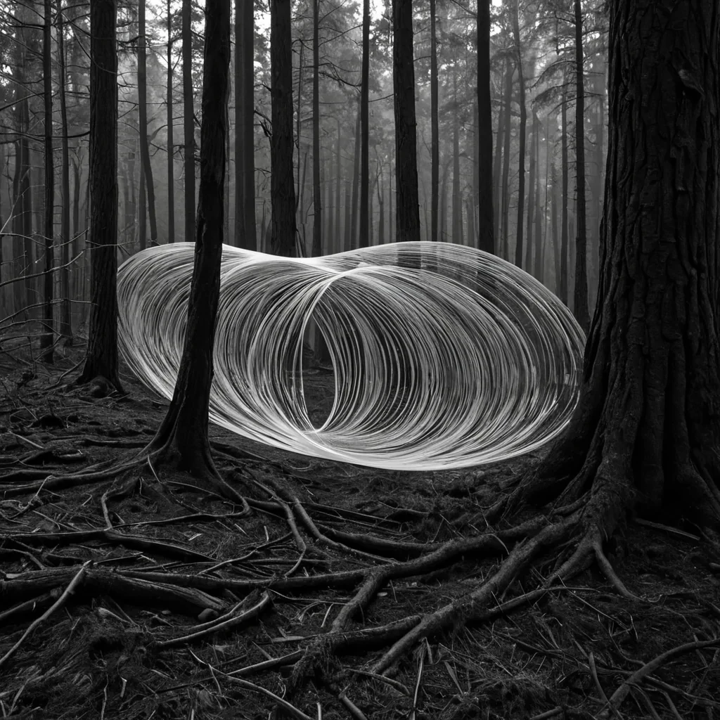 A single, selfreflecting filament of liquid time flows through the core of a floating, inverted forest of solidified silence, its structure not wood or leaf but woven from the thermal afterimage of a thousand unspoken apologies that never passed through the lips of a world that never forgave. The filament does not flowit unflows, each pulse dissolving a moment of motion into its original stillness, releasing a wave of zeroentropy quiet that fractures the fabric of regret into a drifting mist of obsidian, geometric whispers, each one etched with the chromatic echo of a name that never echoed across the hollows of a valley that never held a voice. The forests trees are not rootedthey are suspended in midunfolding