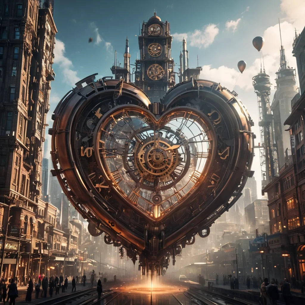 Photorealistic, colossal, floating, clockwork metropolis, its intricate, 4K, brassandsteel mechanisms ticking in ultra HD, casting dynamic, mechanical shadows on the mirrored, gearkissed void. Volumetric lighting accentuates the citys ethereal, steampowered towers, while atmospheric effects create a mesmerizing, industrial haze. Cinematic lighting bathes the scene in vibrant, warm hues, with lens flare emphasizing the citys central, radiant, pulsating, crystal pendulum heart, keeping the metropolis in harmonious, mechanical rhythm.