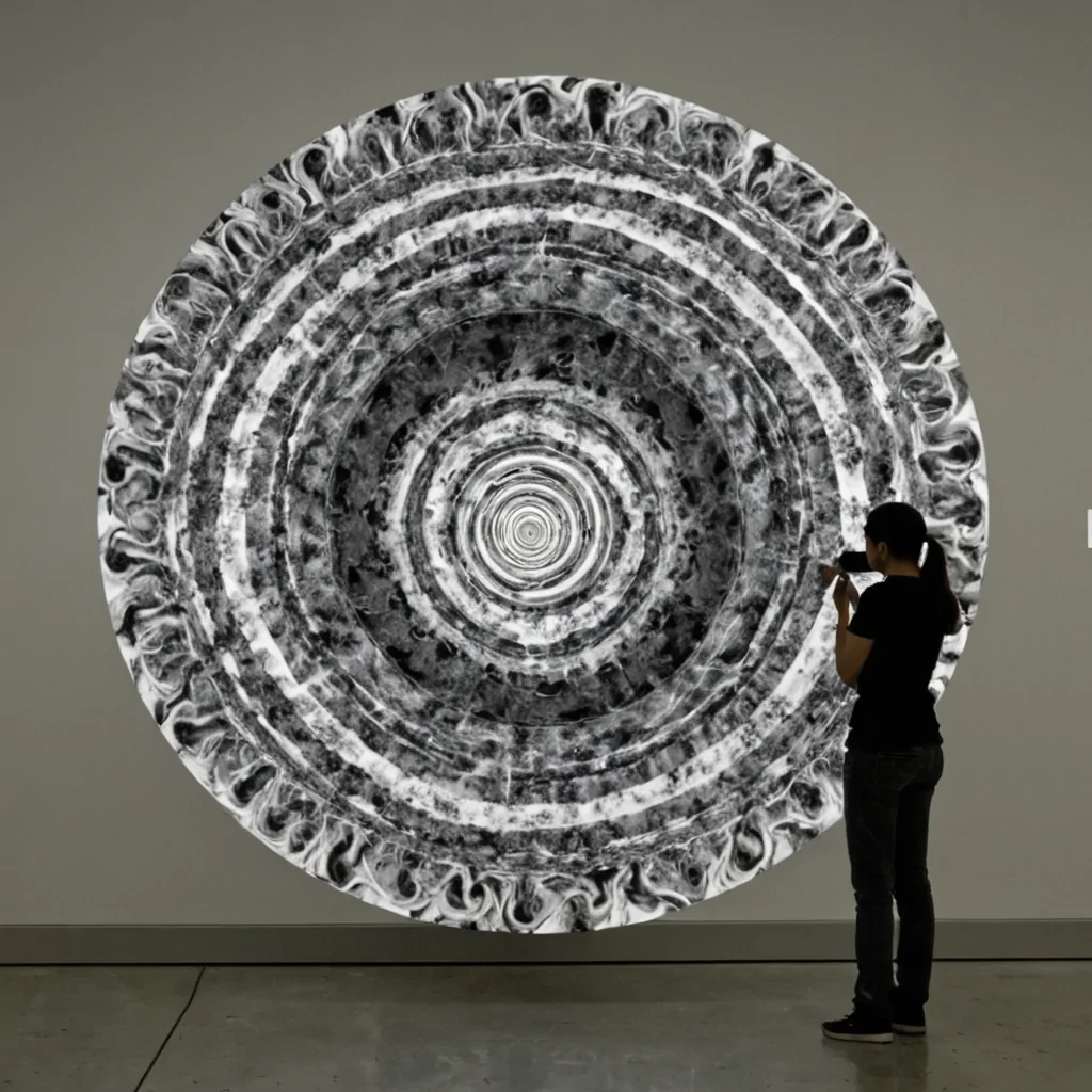 A single, selfreflecting vortex of reversed memory, shaped like a 1029dimensional fractal of unformed recollection and inverted nostalgia, rotates at the center of a vast, inverted museum of solidified forgettingeach exhibit carved from the exact moment between a photograph being developed and its refusal to reveal a face, a letter being opened and dissolving into nonsensical ink, a name being whispered and collapsing into pure, unrecalled silence. The vortex does not rememberit unremembers, each spiraling layer shedding a fragment of experiential potential that never coalesced into a shared past, reforming into ephemeral, moonlightthreaded afterimages shaped like the negative space between two palms that never held the