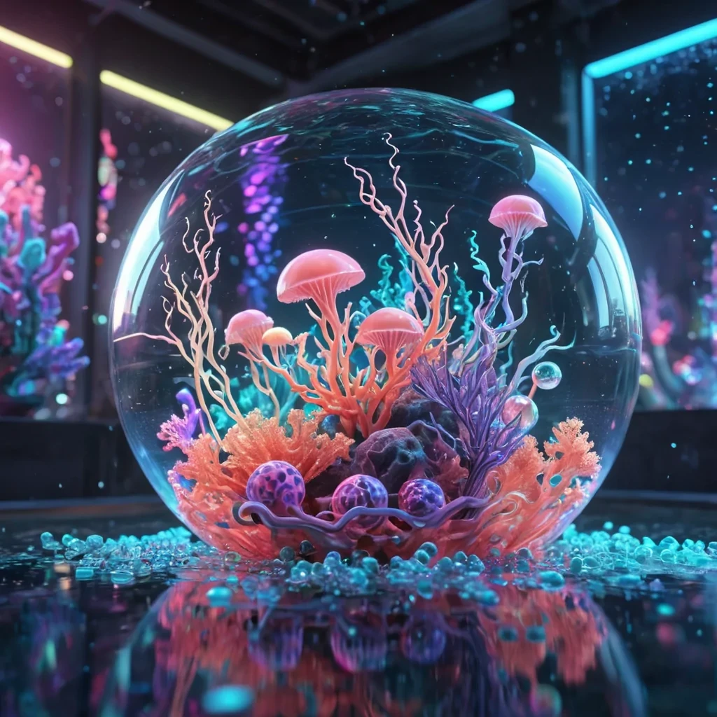 Hyperrealistic neon coral with iridescent tendrils, gently swaying in a floating, geometric aquarium of reflective, swirling pastel spheres, dynamic lighting with volumetric beams, soft focus on its delicate, luminescent body, vibrant colors, 4K resolution, lens flare shimmering around its ethereal form in a surreal, futuristic underwater city.
